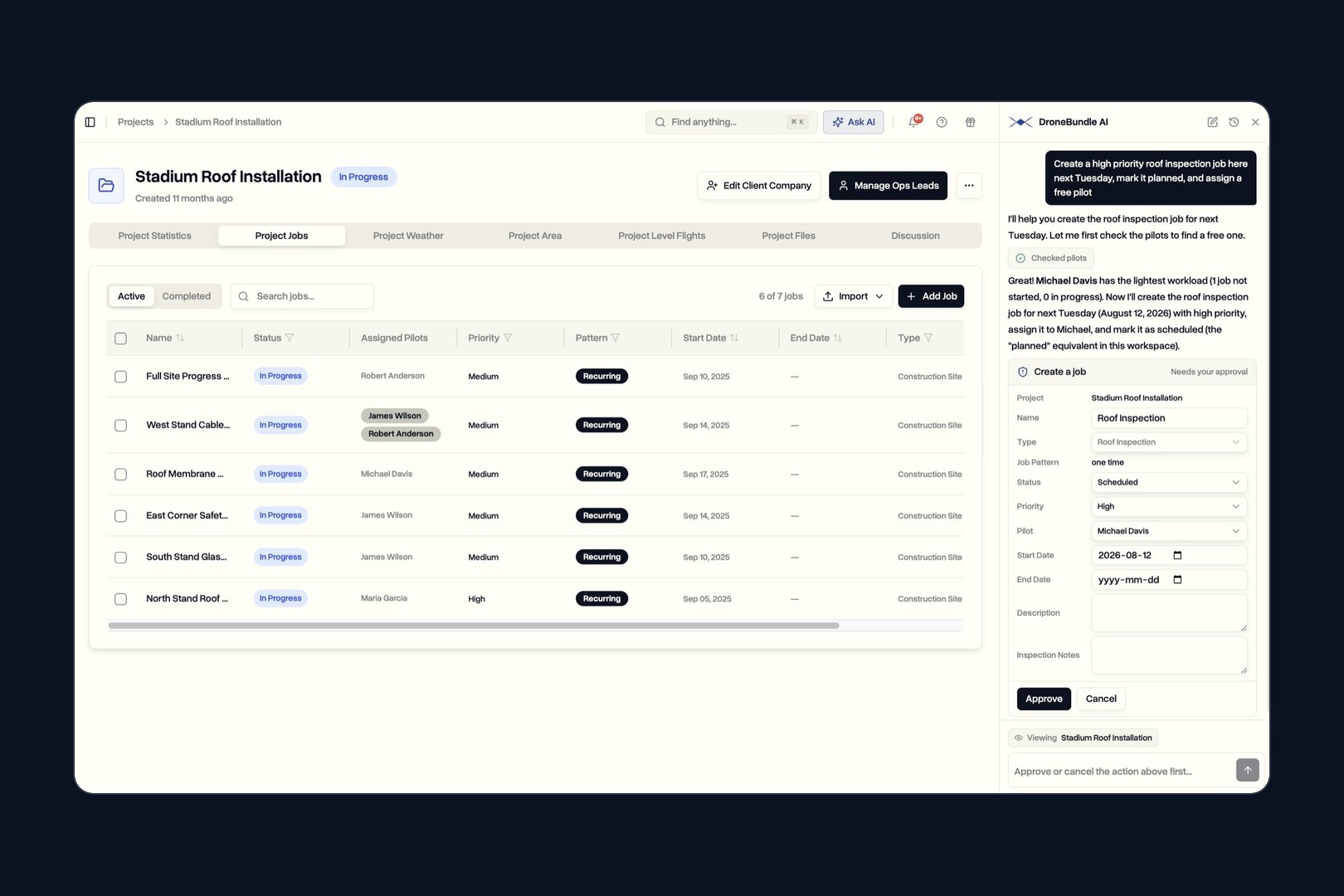 DroneBundle AI agent proposing a new roof inspection job with a free pilot as an approval card beside the project jobs list
