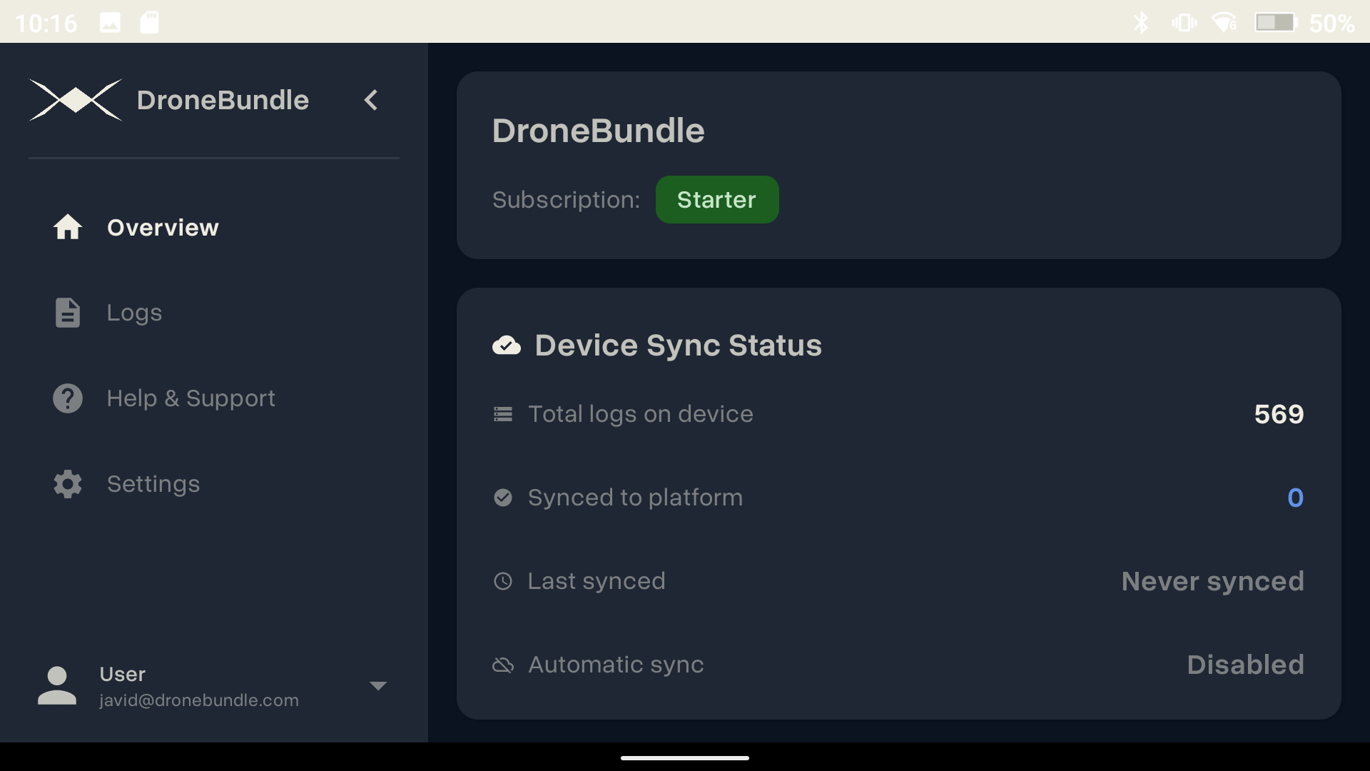 DroneBundle Android App Overview Screen - Dark Theme