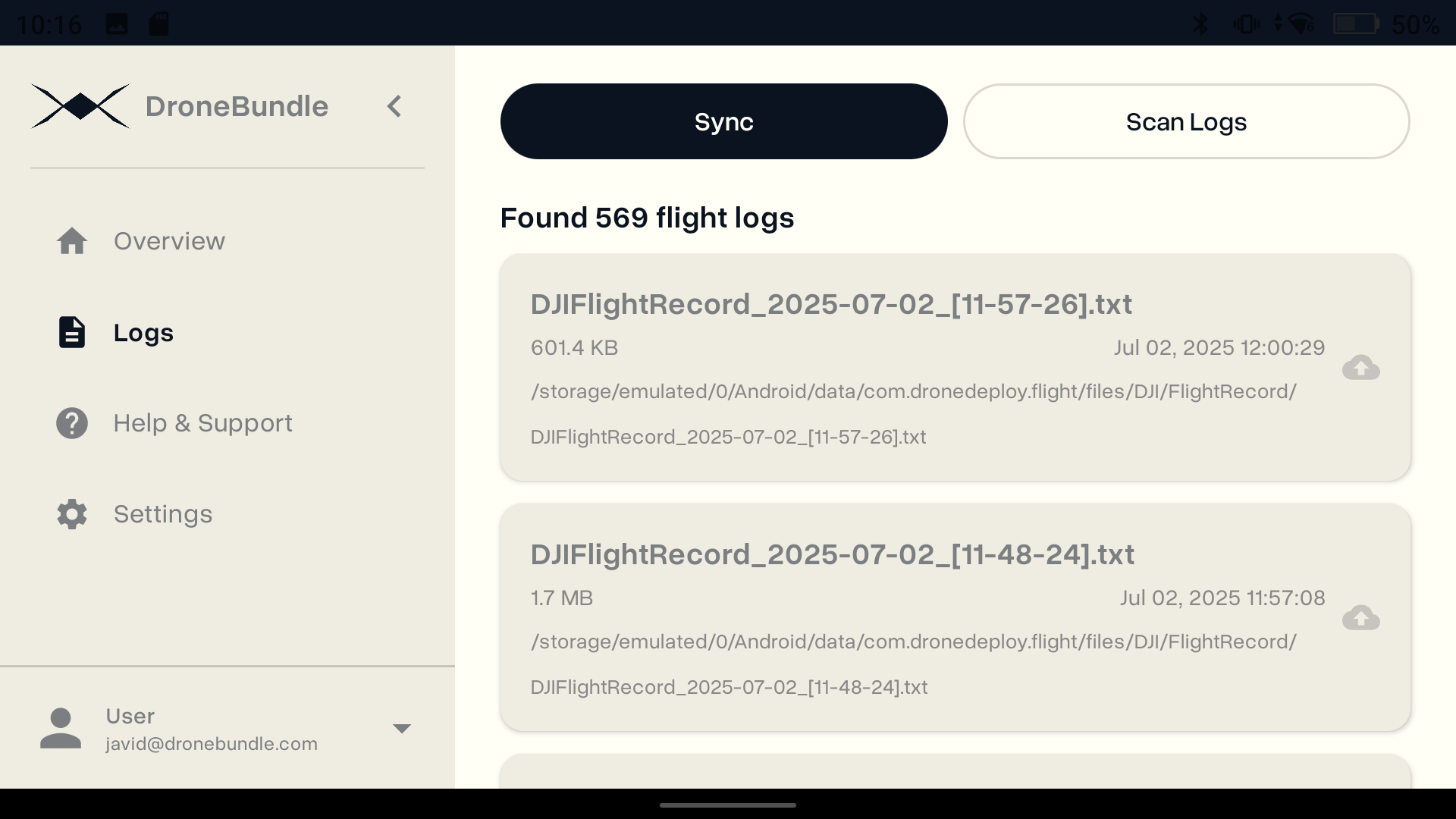 DroneBundle Android Log Sync App showing automatic flight log detection and syncing