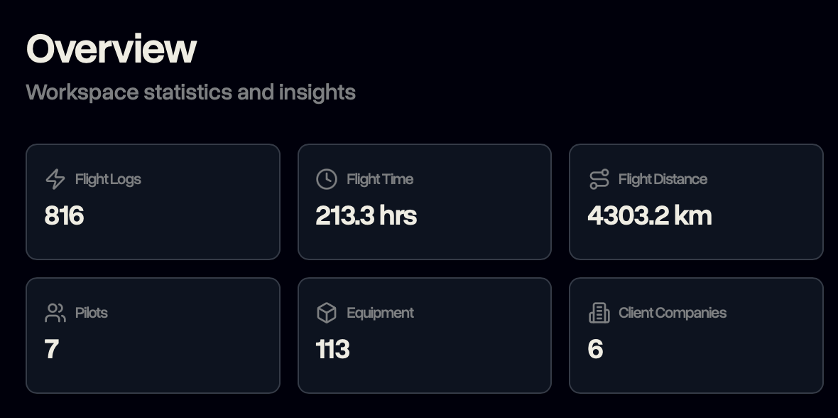 Workspace overview showing flight logs, flight time, and operational statistics