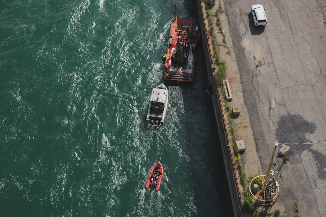 Aerial drone view of an emergency response water rescue operation with rescue boats on scene