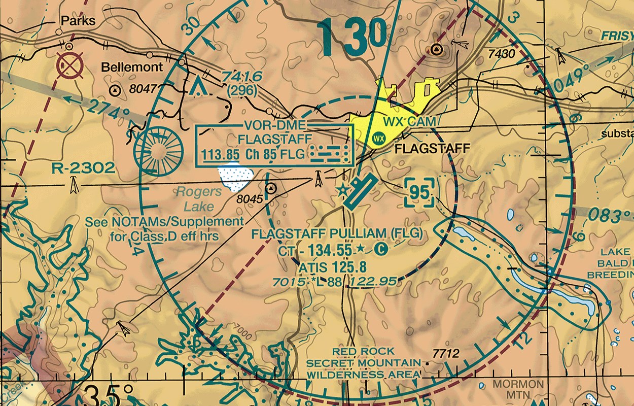 Excerpt of the FAA Phoenix Sectional chart around Flagstaff Pulliam Airport, showing the Class D airspace and its ceiling box