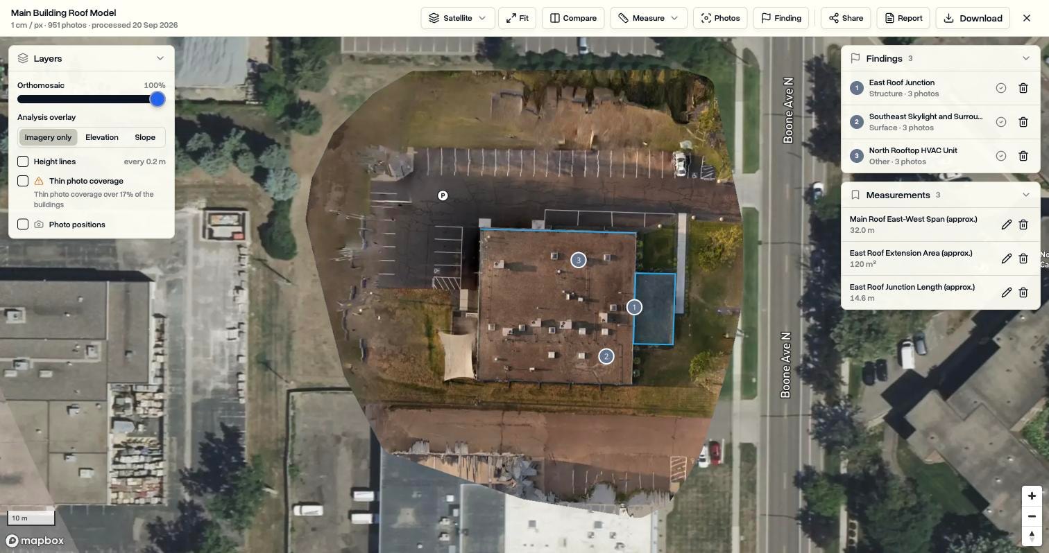 A 3D scan of a commercial roof open in DroneBundle, the processed map over satellite imagery with numbered findings and saved measurements listed beside it