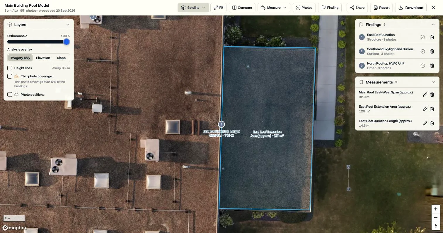 A close view of a flat roof in a DroneBundle 3D scan showing rooftop units, skylights, and a saved area measurement at centimetre detail