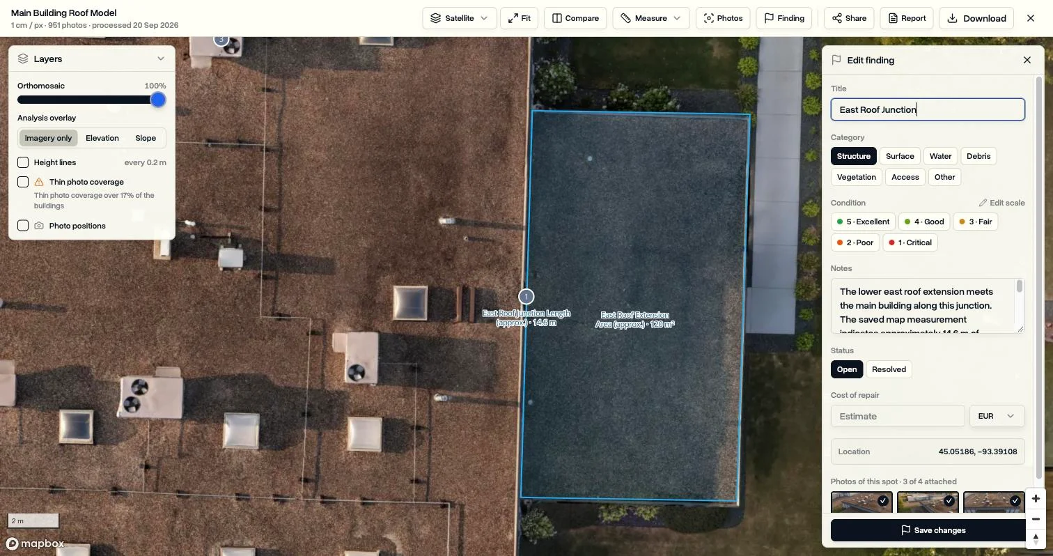 Editing a finding on a DroneBundle 3D scan, with its category, condition rating, notes, status, cost of repair, location, and attached photos