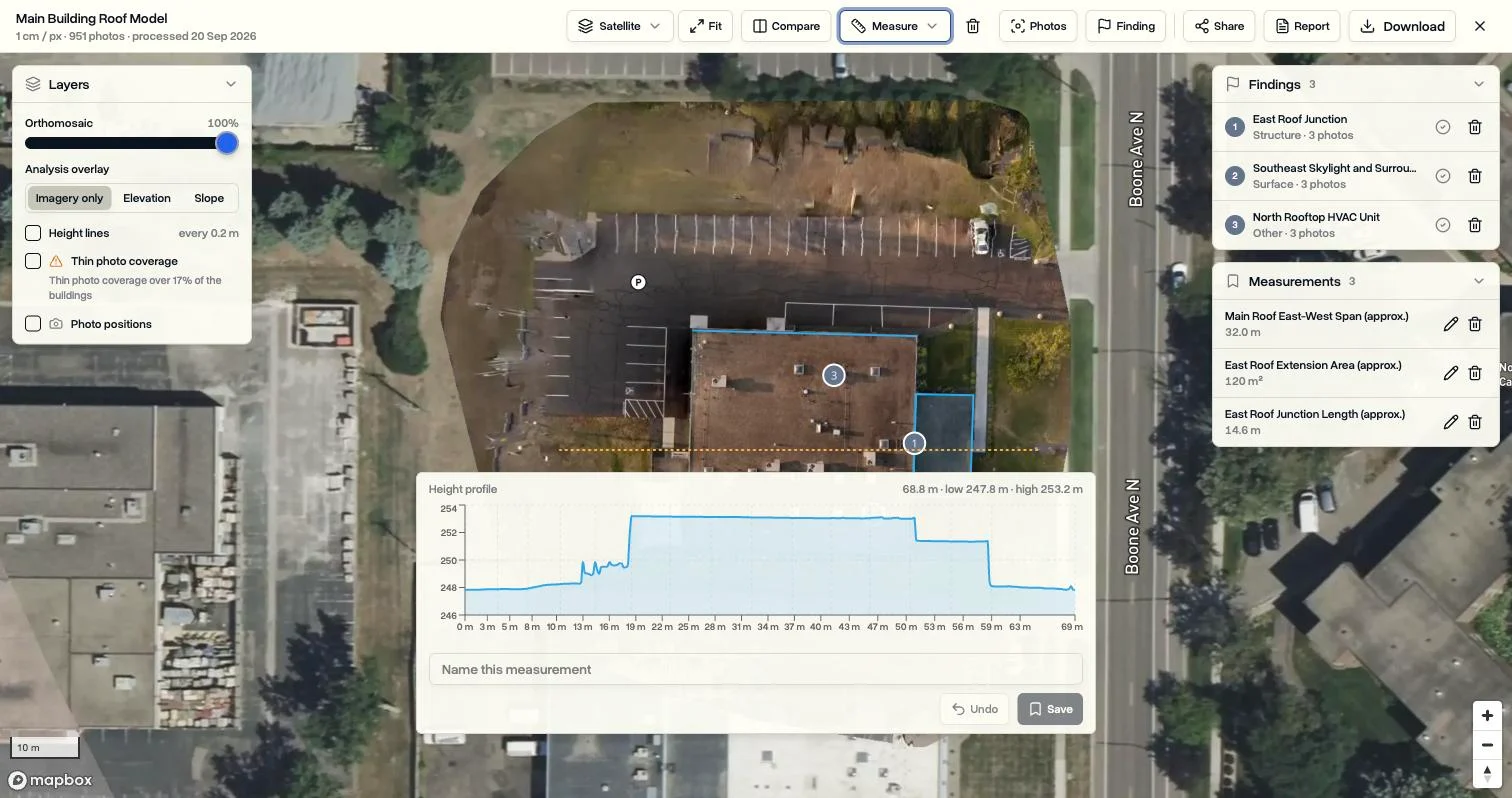 A height profile measured across a building in DroneBundle, charting the ground, the main roof, and a lower roof extension along a 69 metre line