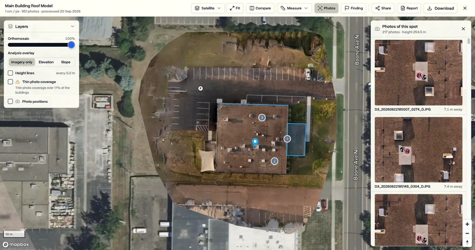 The Photos of this spot panel in DroneBundle listing the original drone photos that captured a rooftop unit, each with the exact spot circled