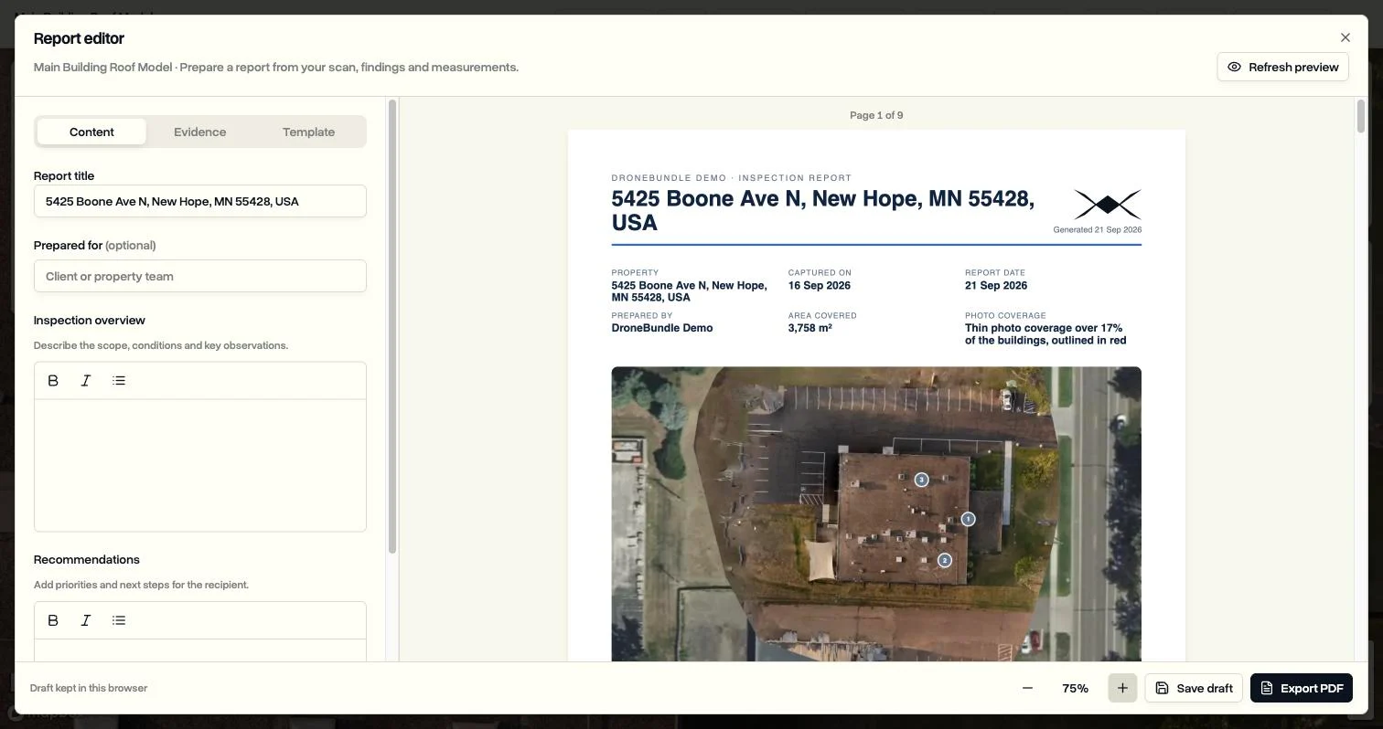 The Report editor in DroneBundle with the report title and written sections on the left and a live preview of the inspection report cover on the right