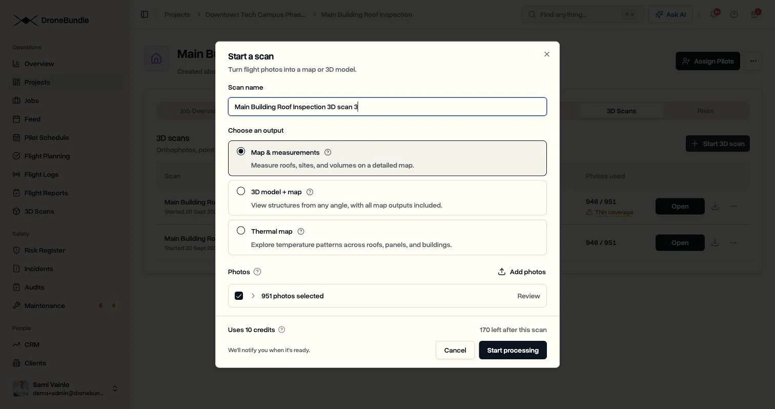 The Start a scan dialog in DroneBundle with the three output choices, 951 photos selected, and the credits the scan will use