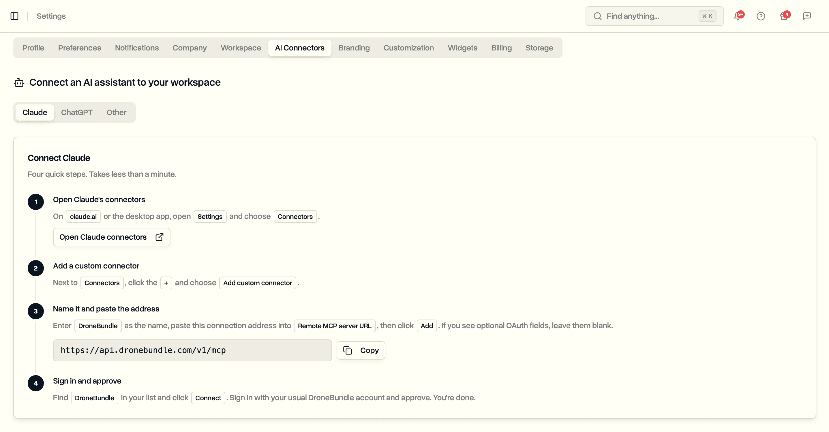 DroneBundle settings showing the AI assistant connection page with the Claude tab and the connection address to copy
