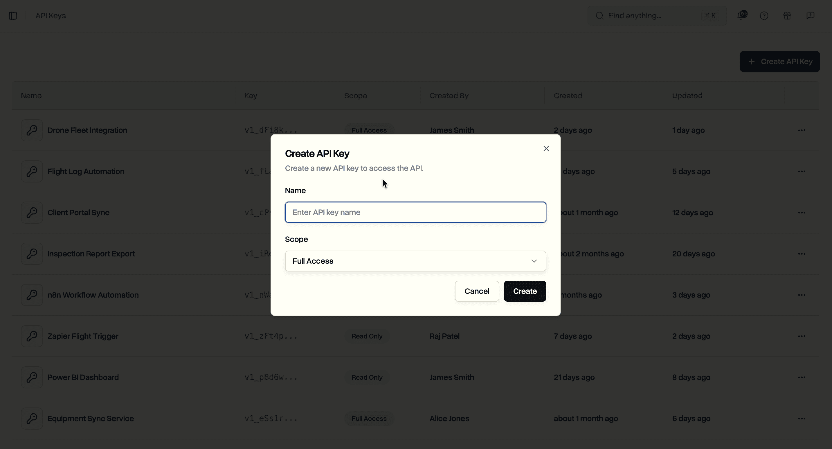 Create API key dialog with name and scope fields