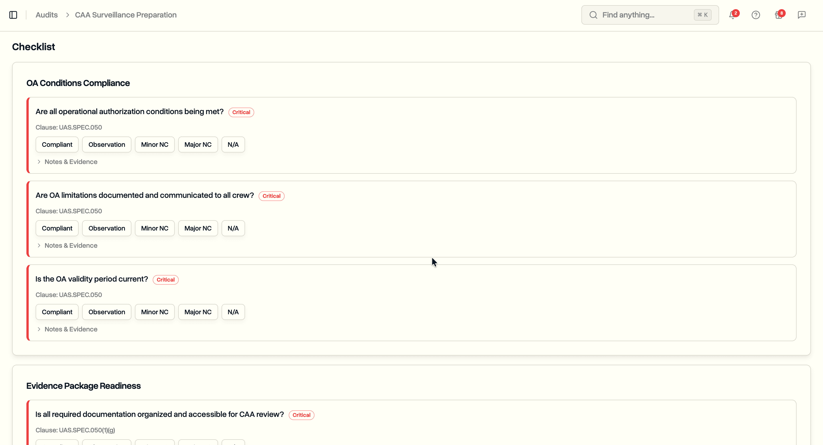 Checklist section with items, responses, notes, and evidence fields