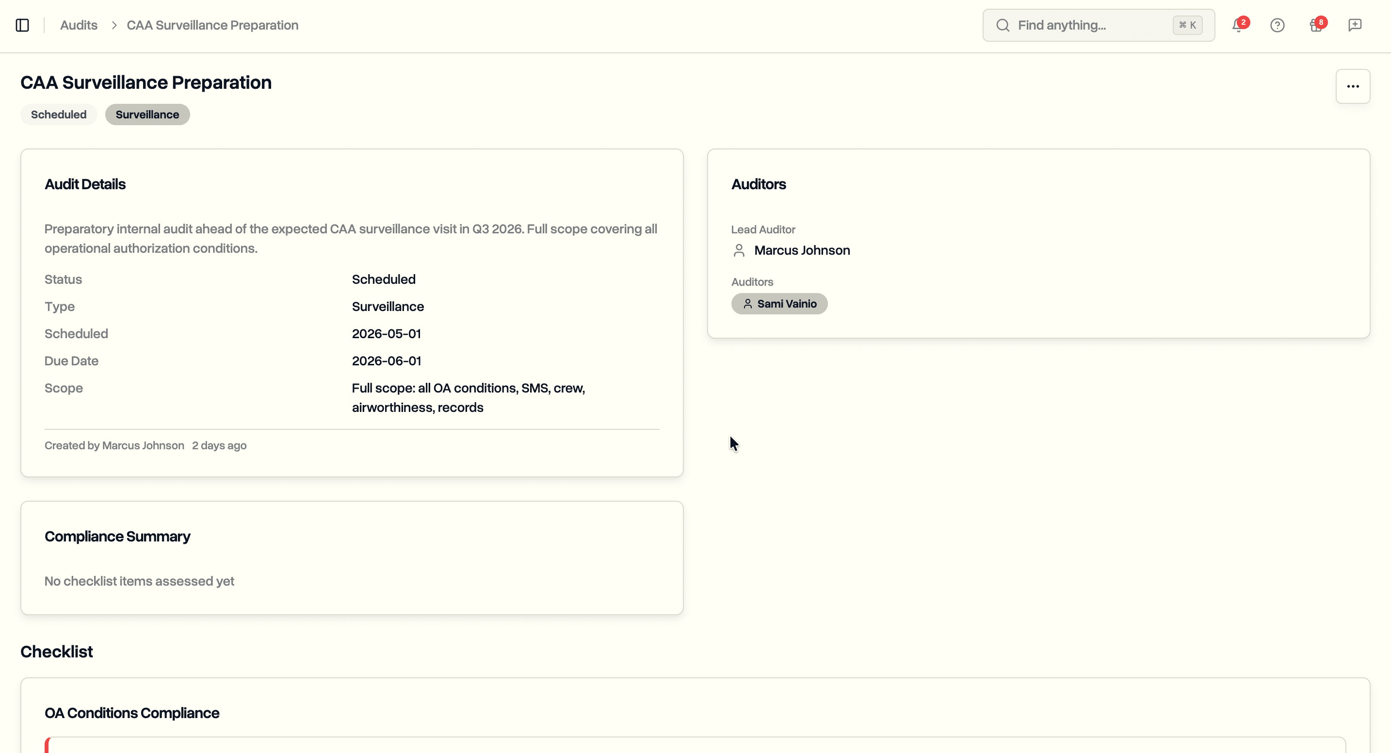 Audit detail page with status, type, dates, auditors, and compliance score