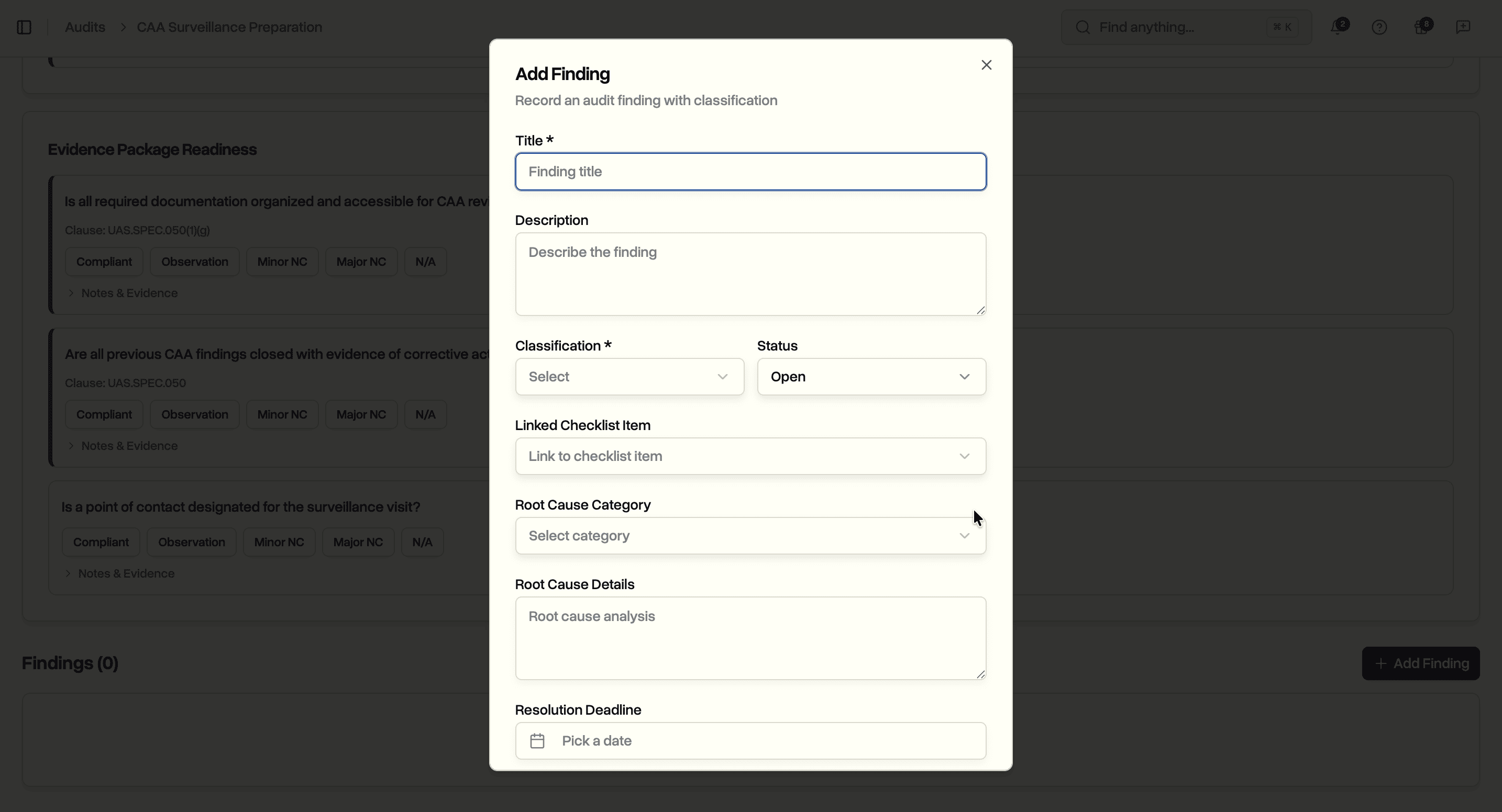 Add finding dialog with classification, status, root cause, and resolution deadline