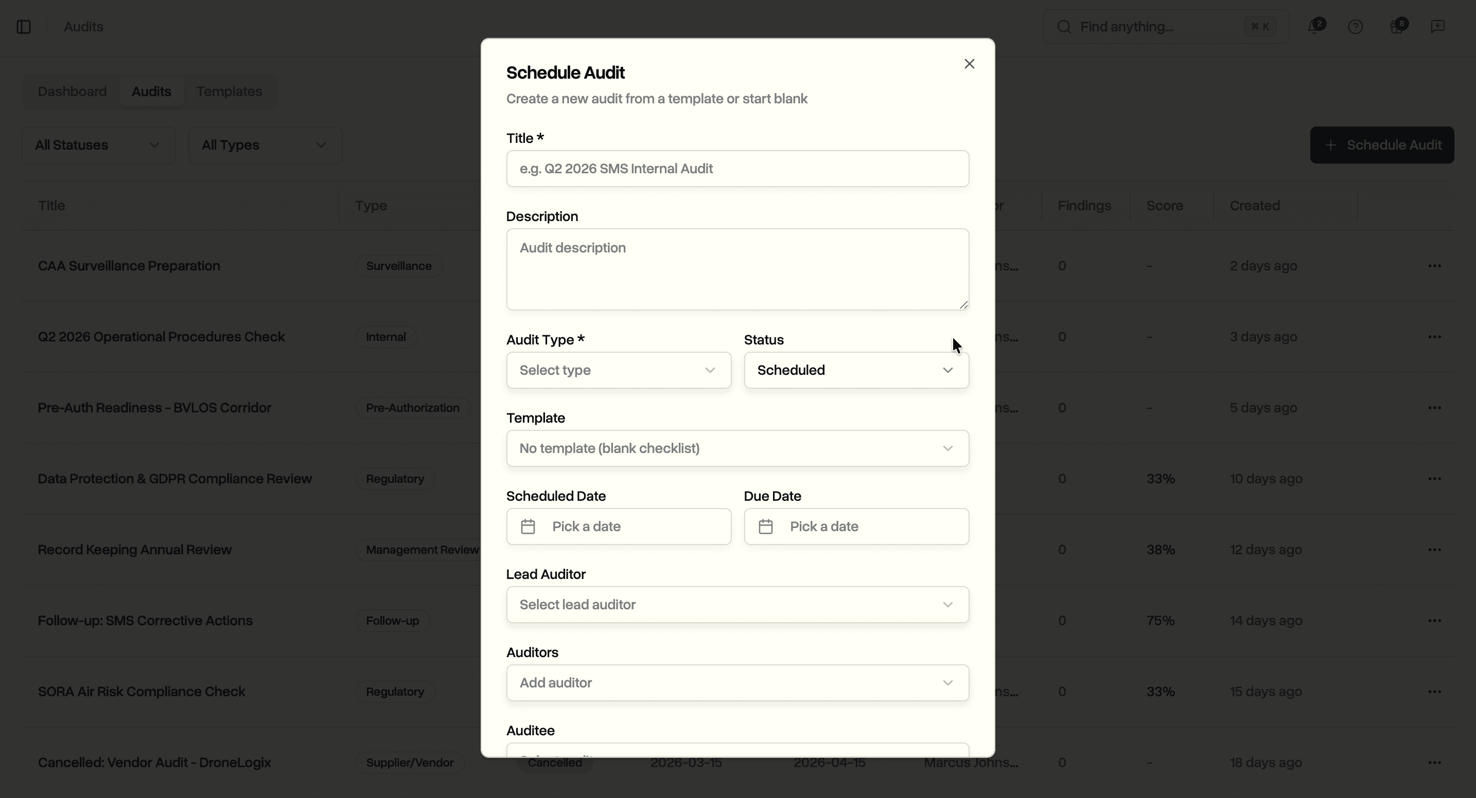 Schedule audit dialog with template selection, dates, and auditor assignment