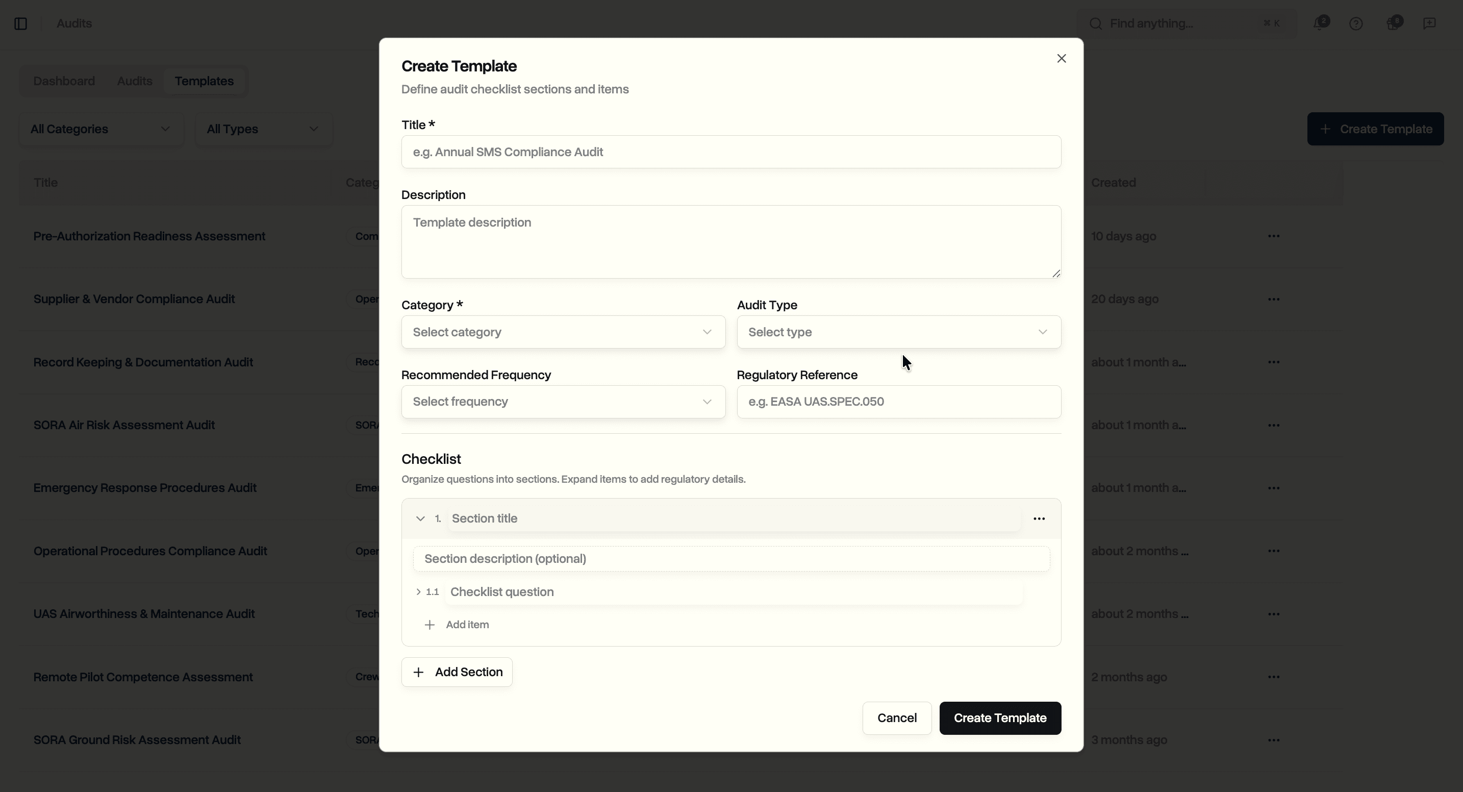 Template form with section builder, checklist items, and regulatory clause fields