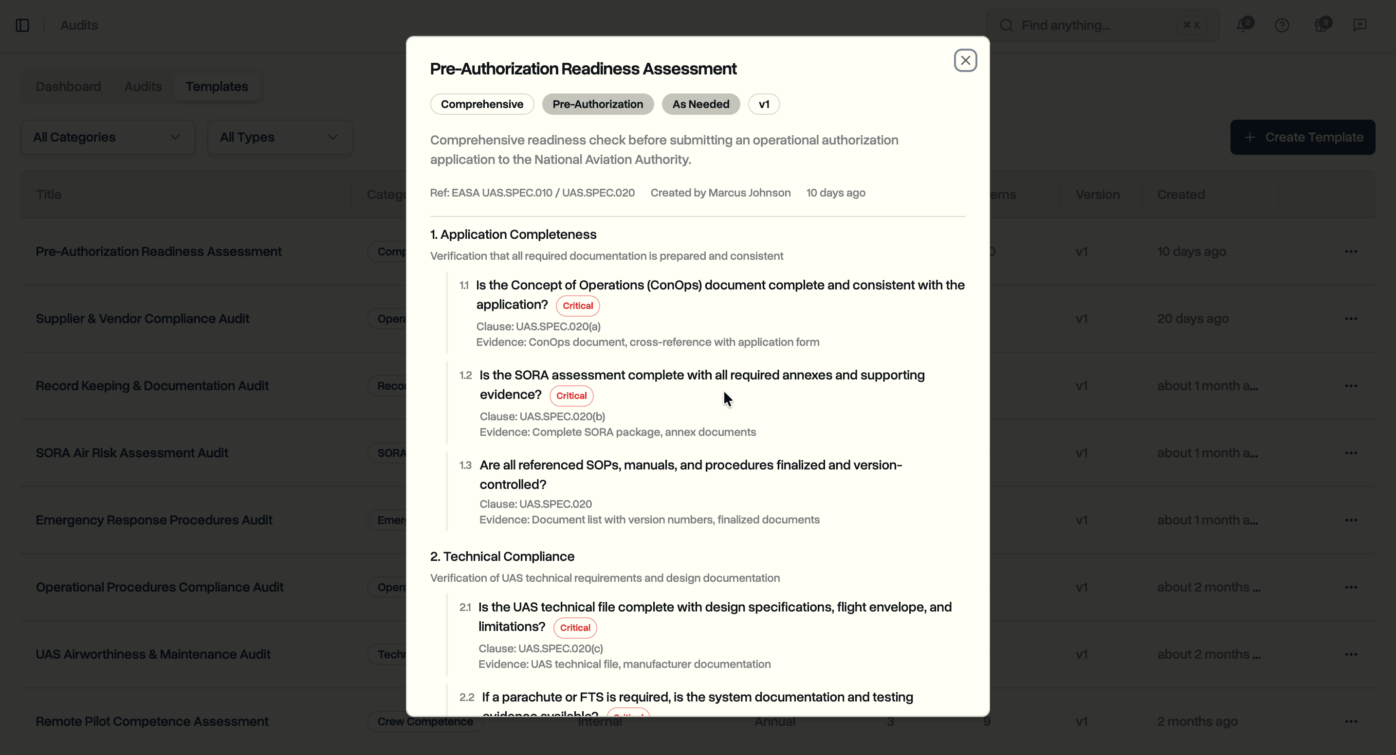 Template preview showing sections, items, regulatory clauses, and critical flags
