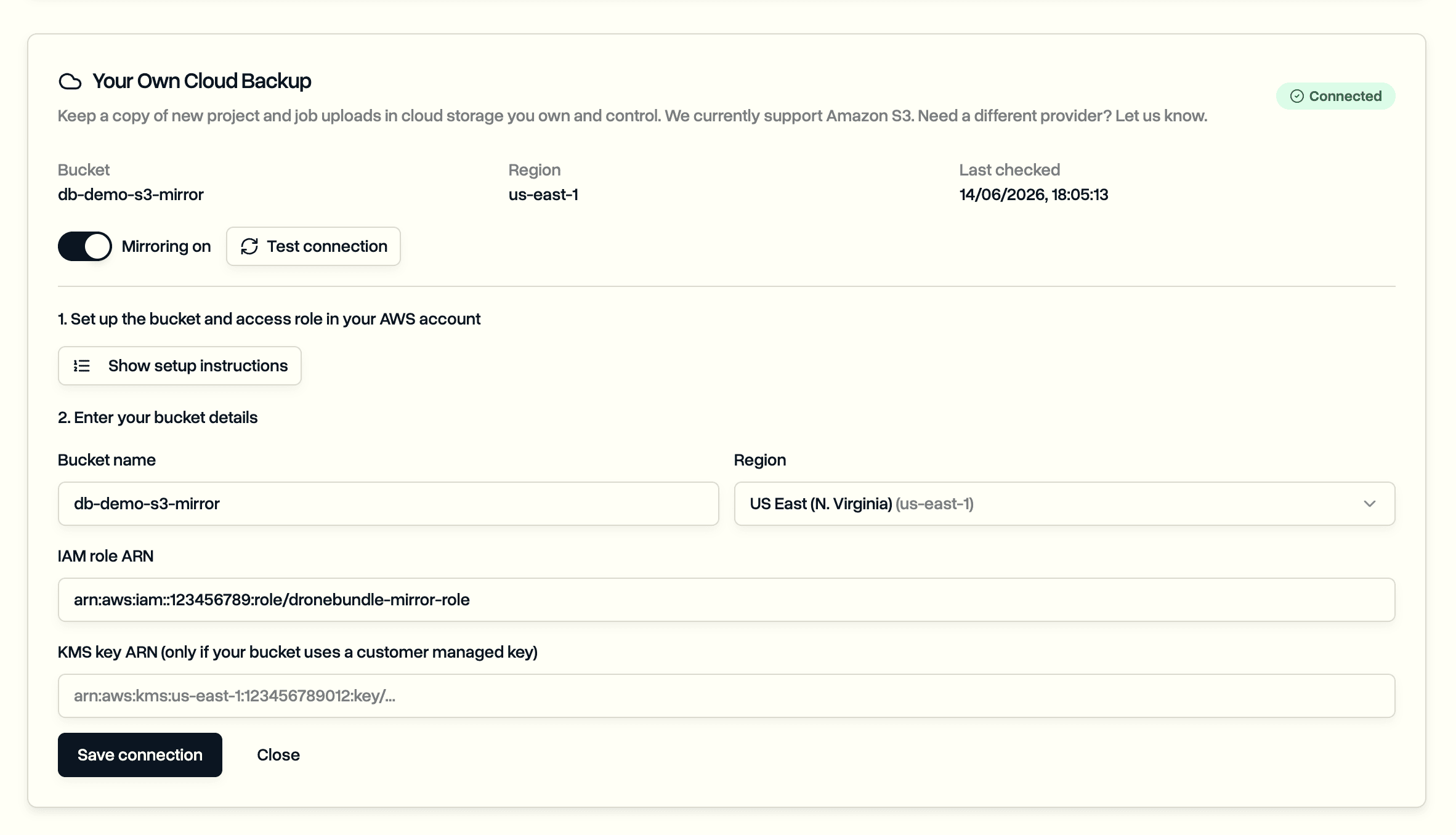 Your Own Cloud Backup showing a green Connected status, the mirrored bucket and region, and a Test connection button