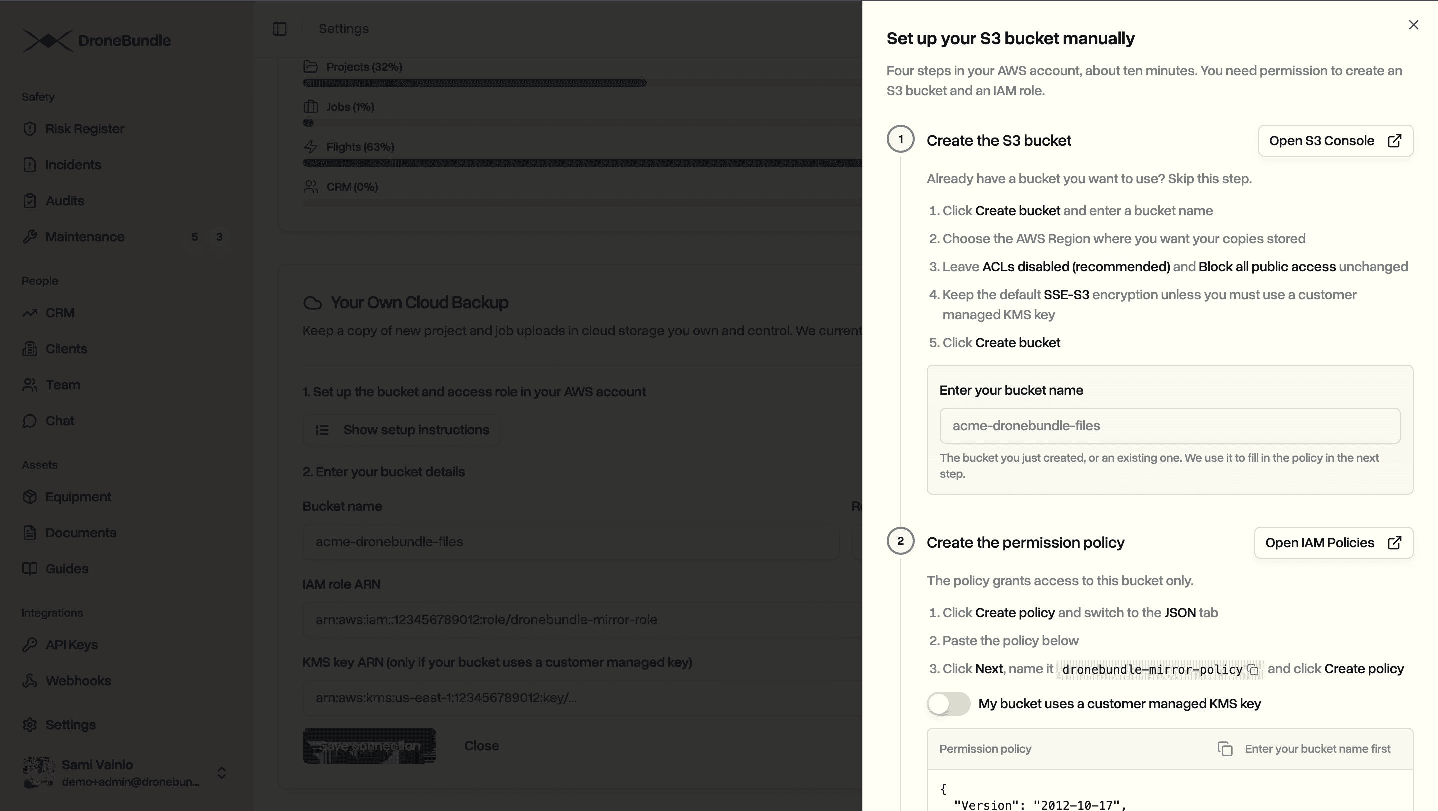 DroneBundle's in-app guide for creating the S3 bucket and access policy in your own AWS account