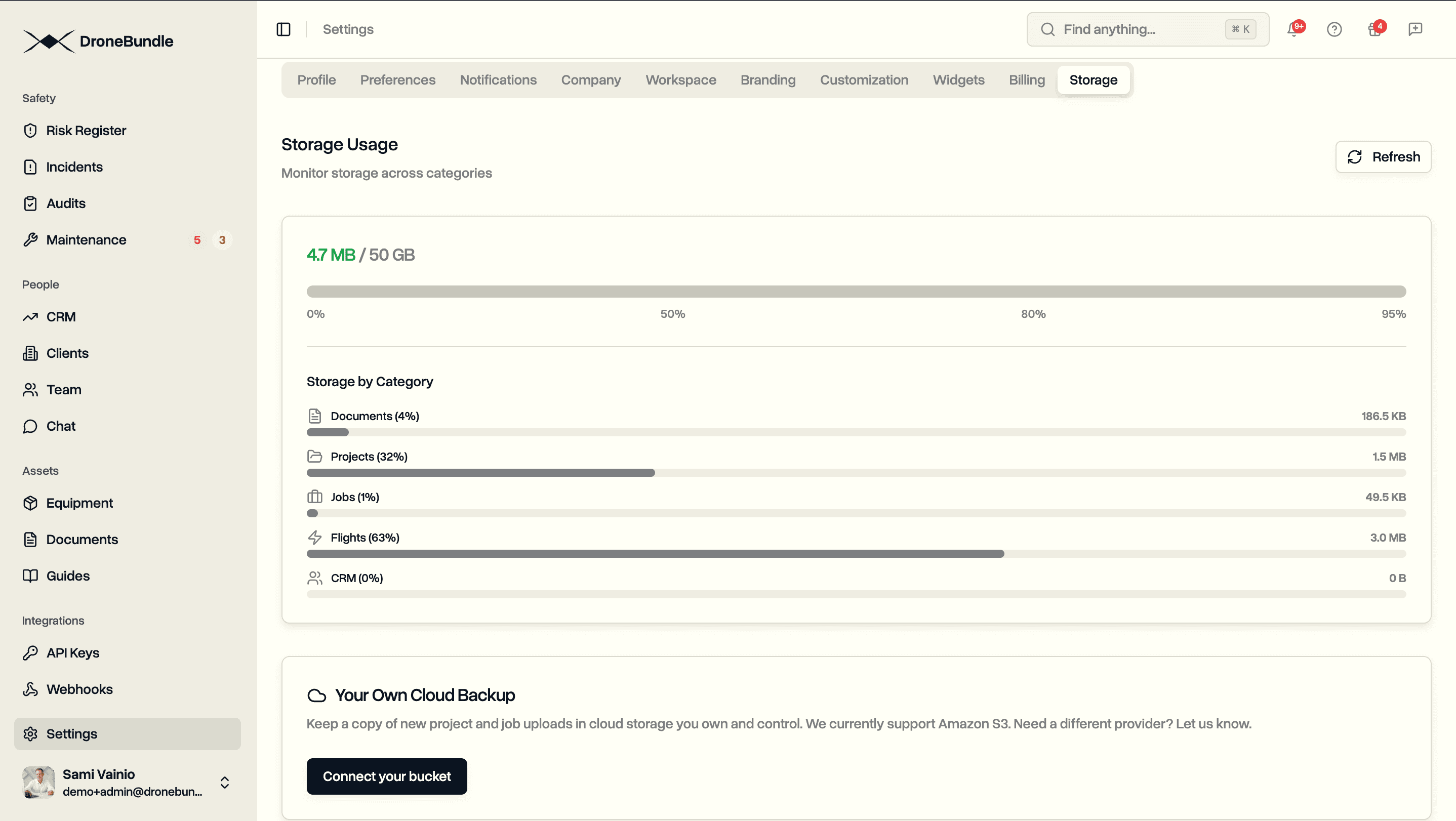 The DroneBundle storage page showing a connected cloud mirror with bucket, region, and status
