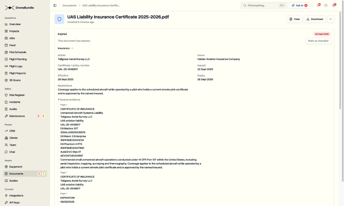 The page of an expired insurance certificate in DroneBundle, with the holder, insurer, policy number, effective date, and expiry date read from the file, and the lines of the document they were read from