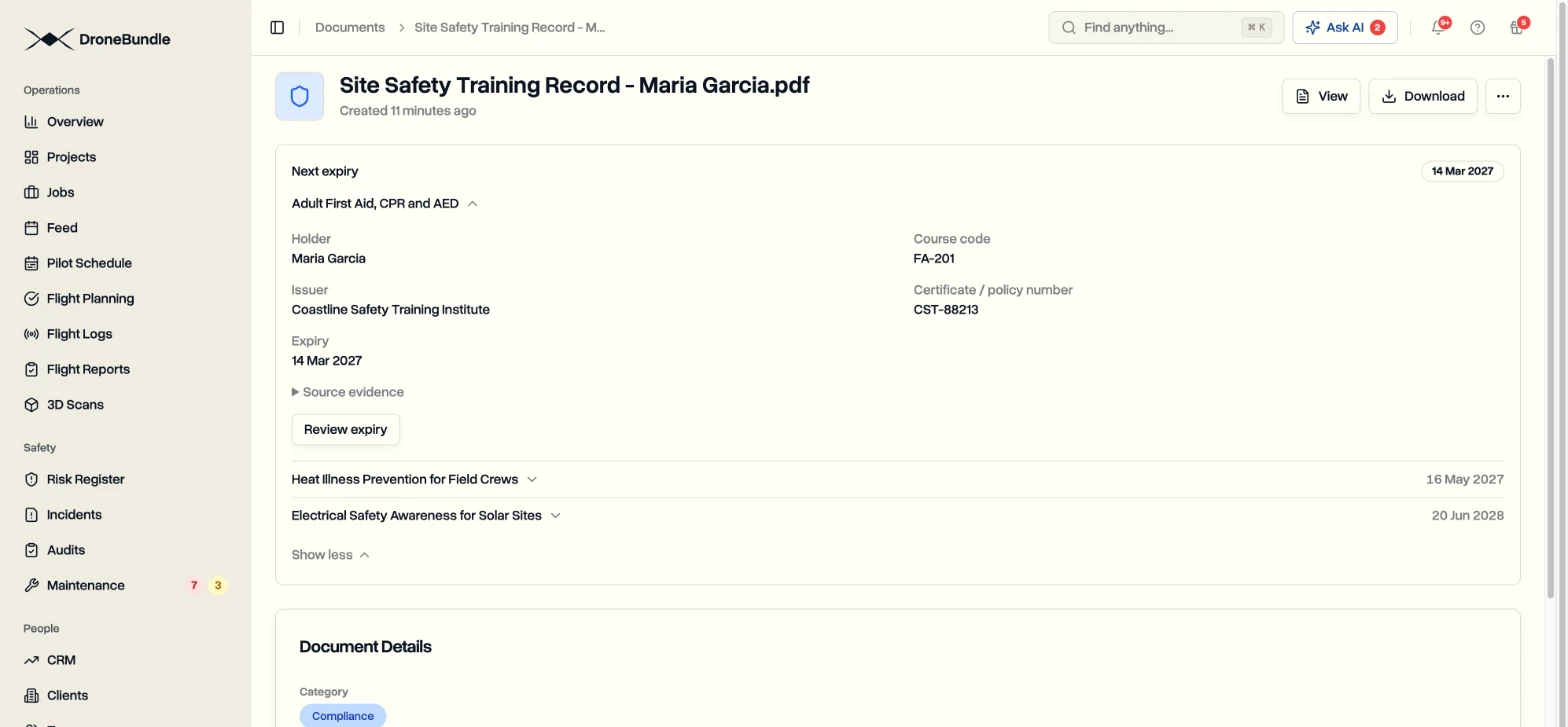 A training record in DroneBundle with three courses listed as separate entries, each with its own expiry date, under a Next expiry heading