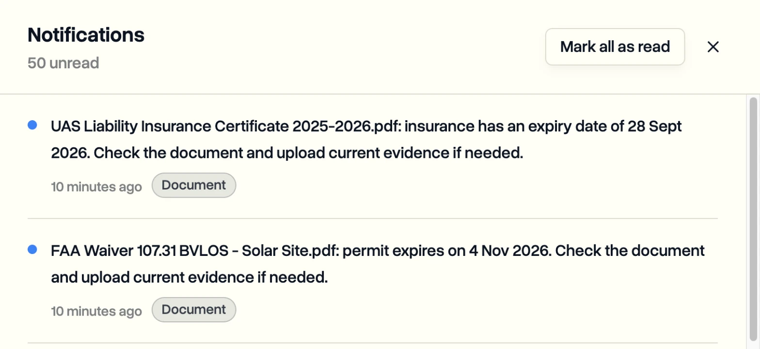 Two notifications in DroneBundle, one for an insurance certificate with an expiry date of 28 September 2026 and one for a waiver that expires on 4 November 2026