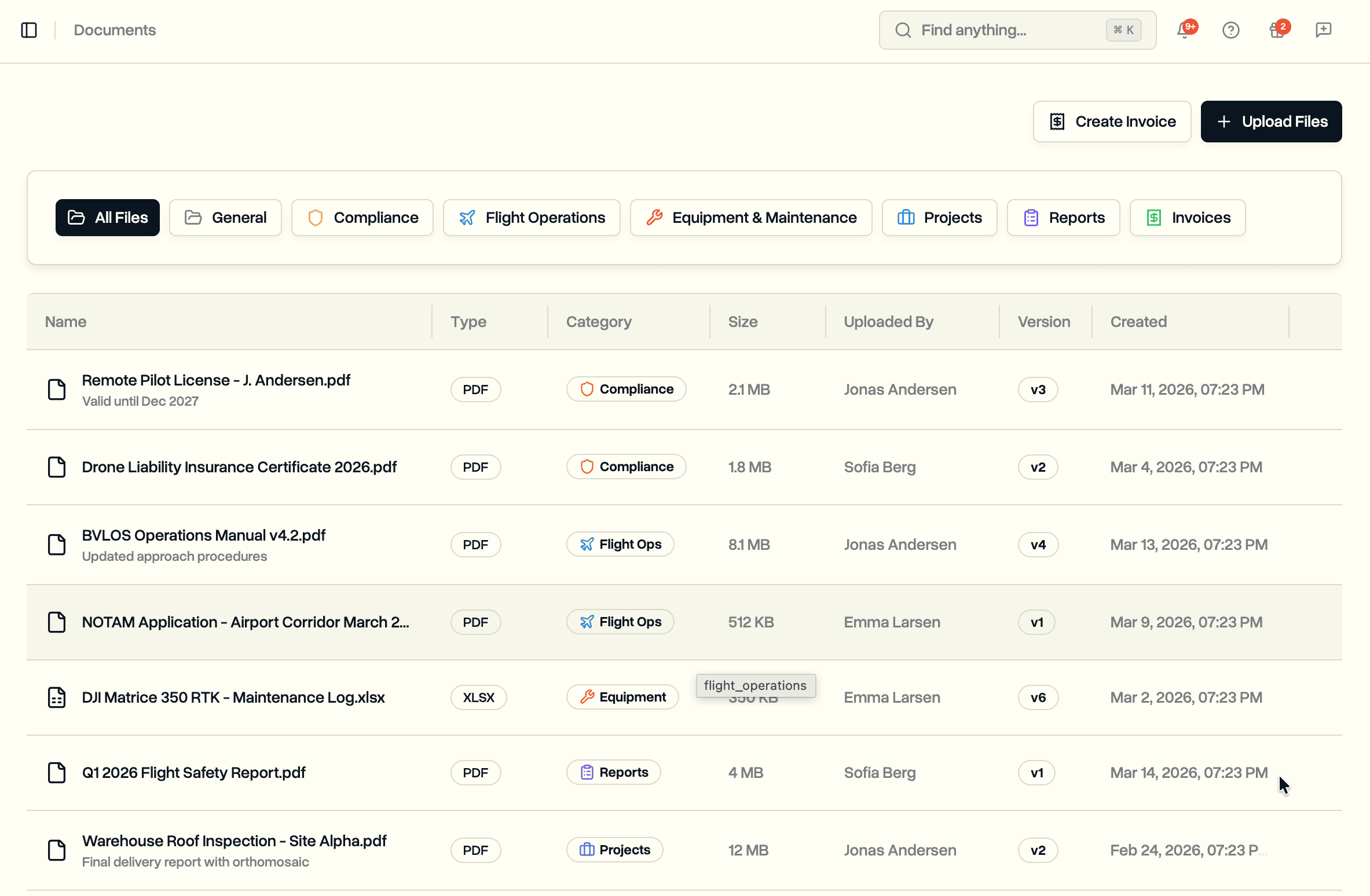 Documents table with version column showing v1 through v6