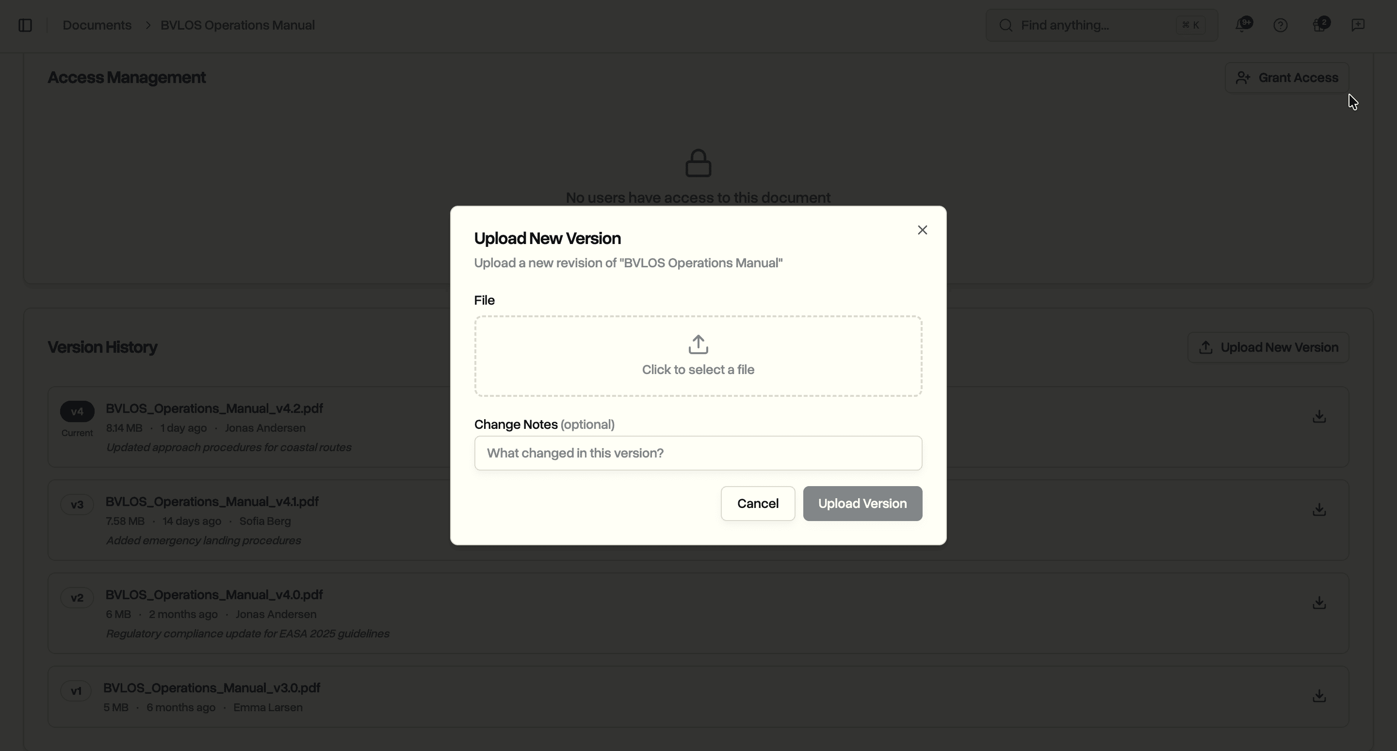 Upload new version dialog with file picker and change notes