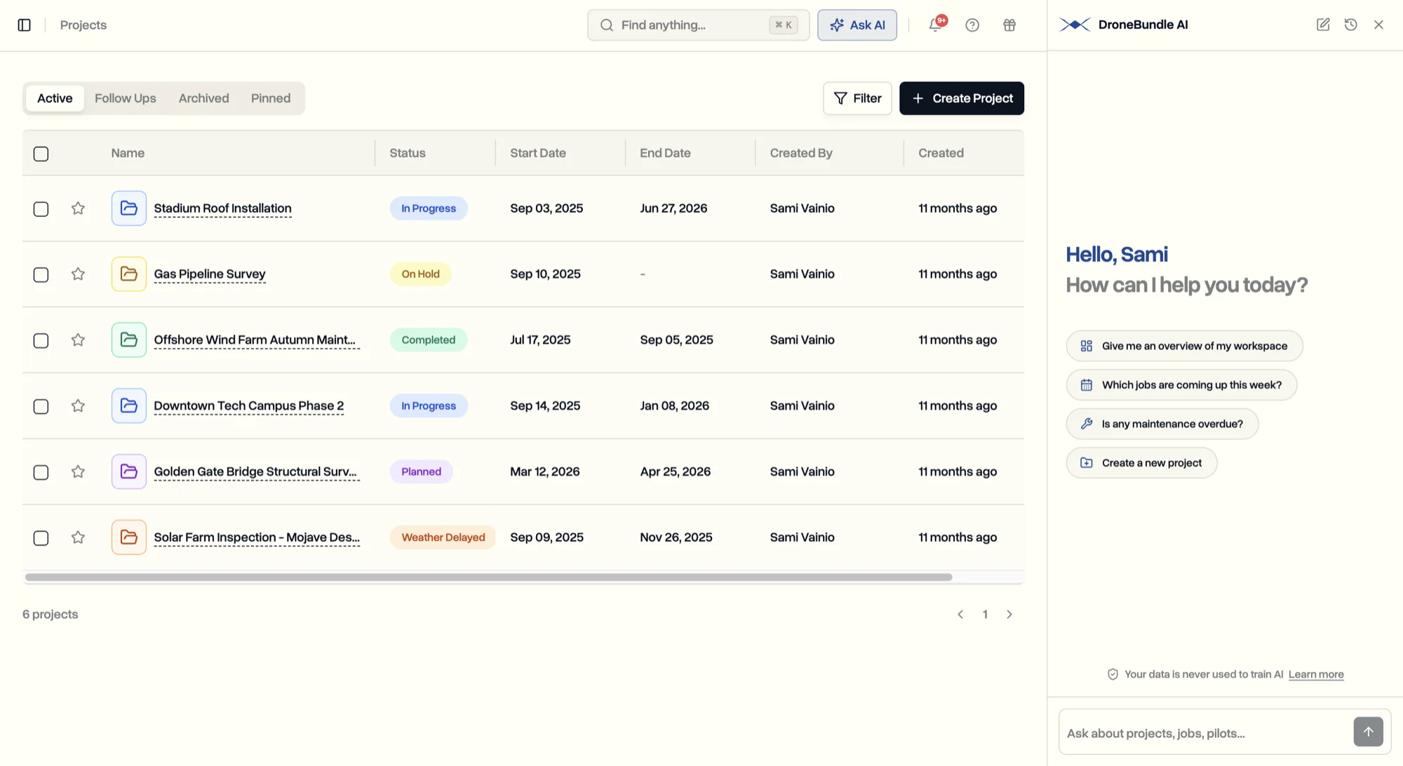 DroneBundle AI open beside the projects list in the dashboard, offering starting questions about the workspace