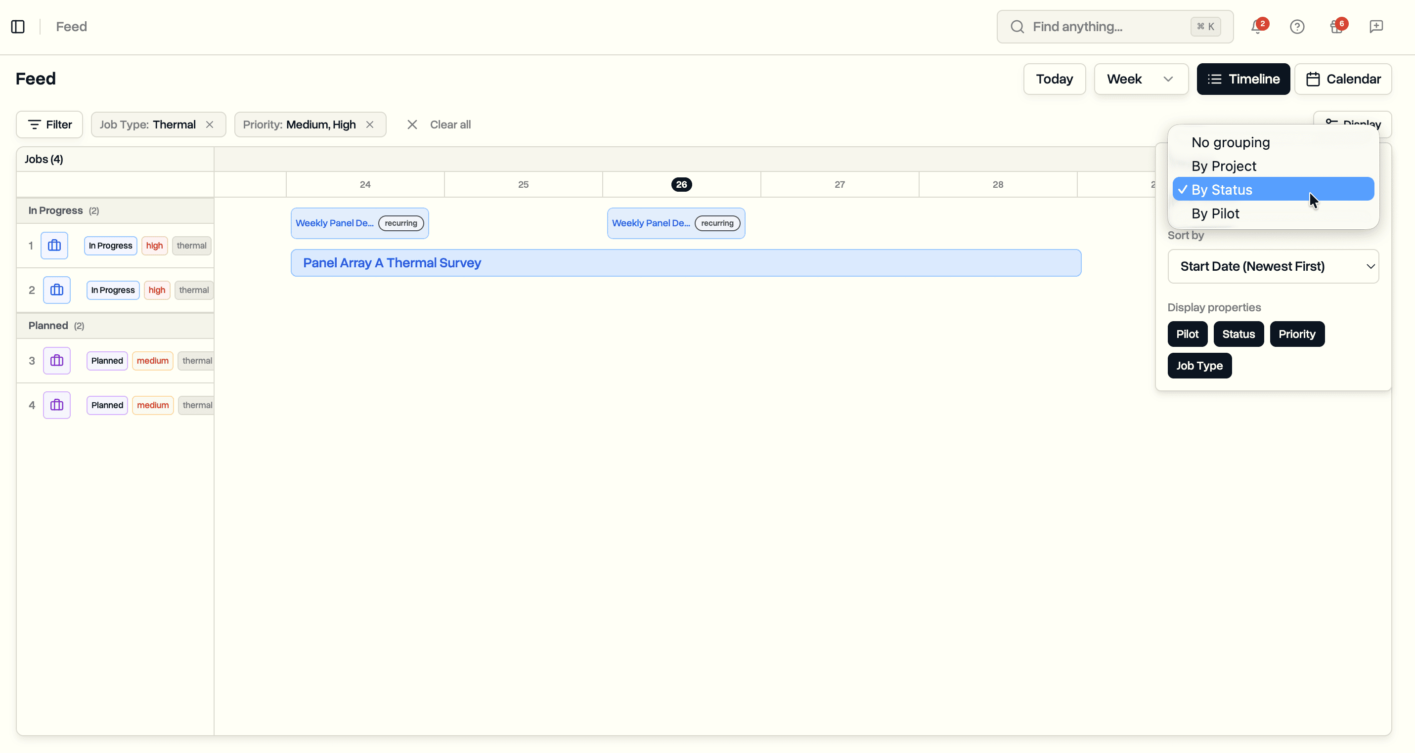 Display settings panel with grouping, sorting, and property toggles