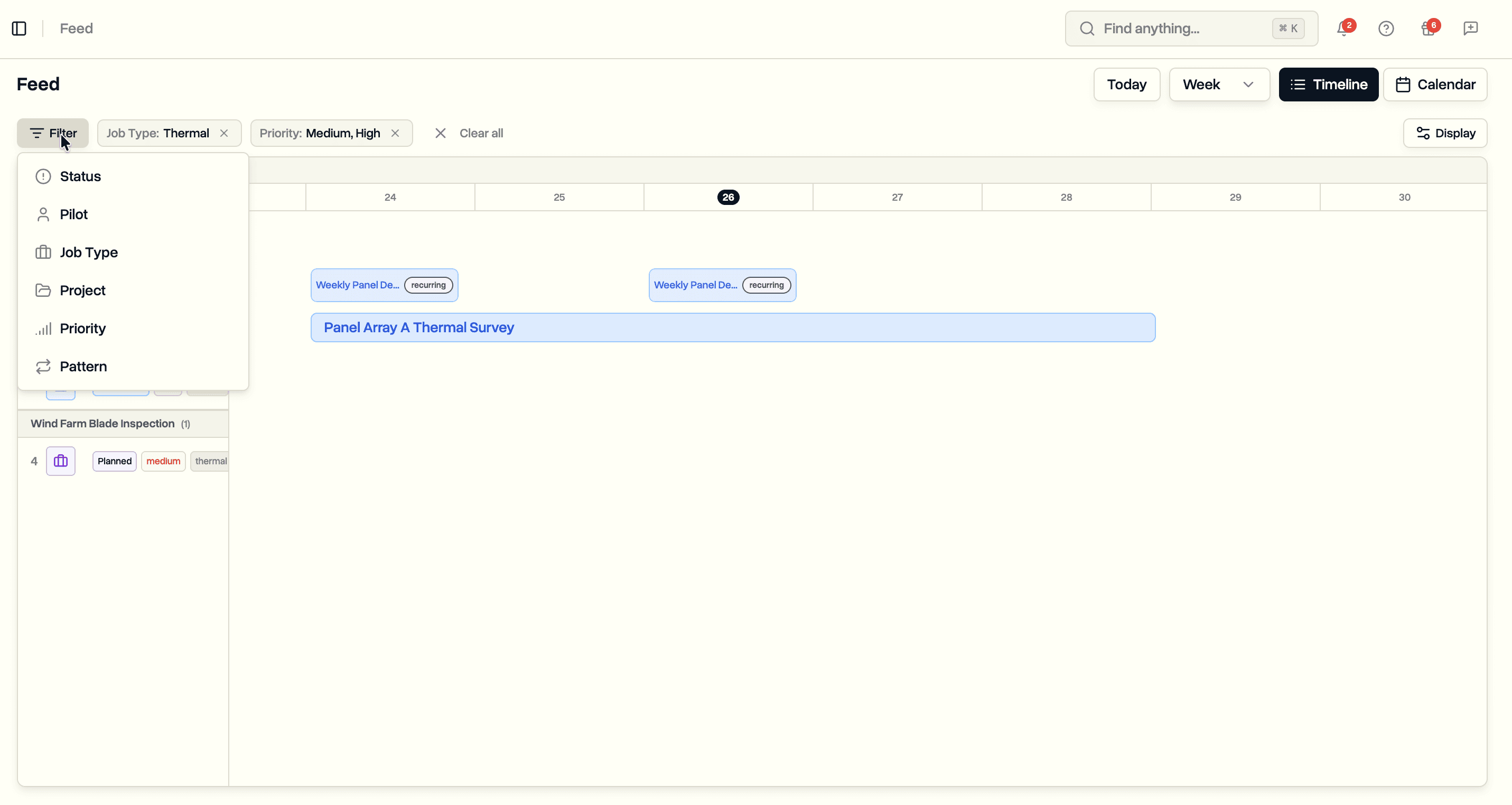 Filter dropdown with active filter pills for Job Type and Priority