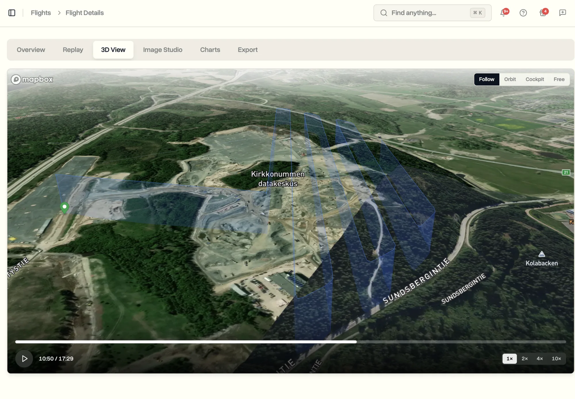 3D View tab showing the drone flying its path in three dimensions over satellite terrain, the flight path glowing in the air at the height it was flown