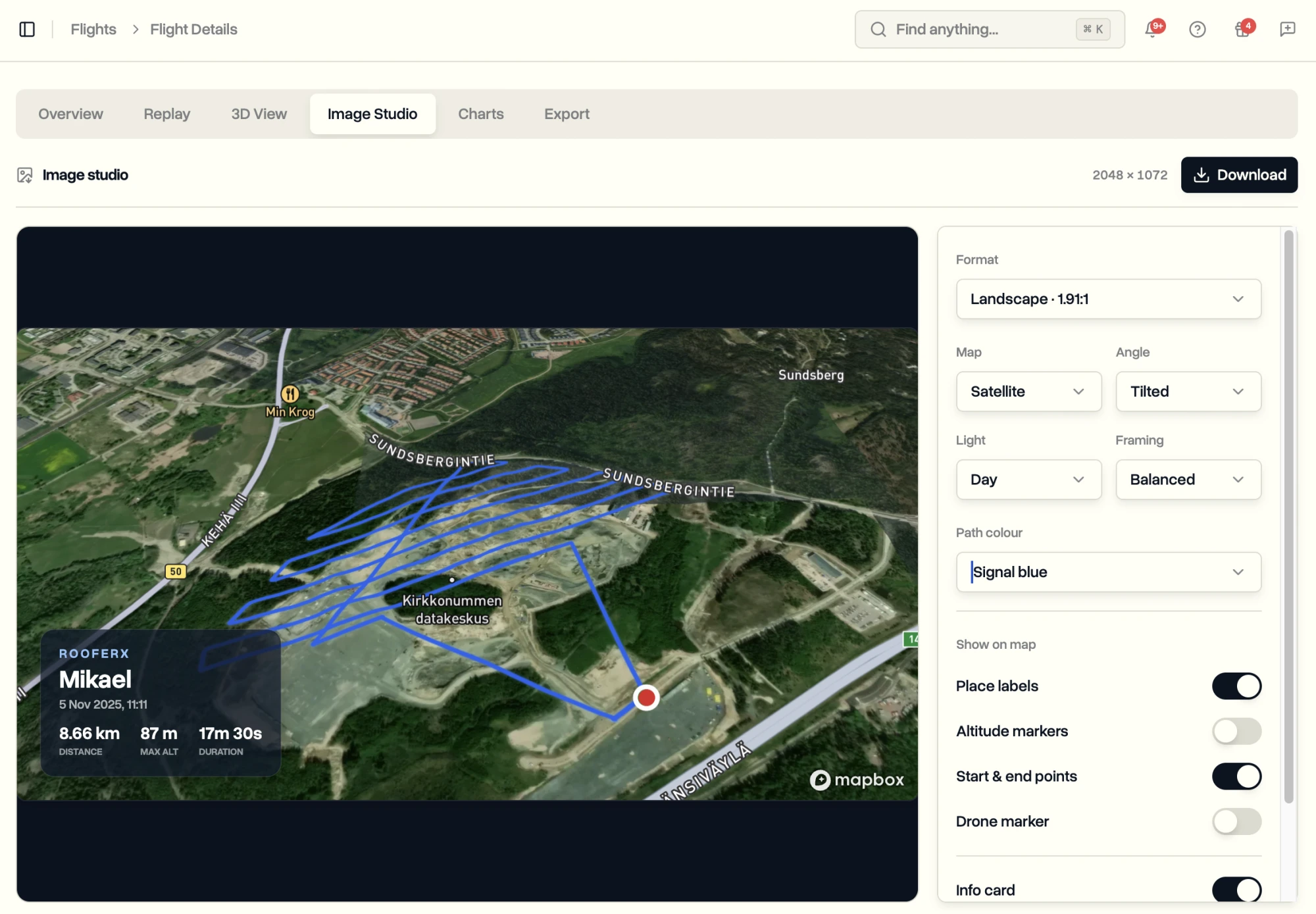 Image Studio tab with a flight path styled over a map, a controls panel for format, map style, angle, and path colour, and a small info card on the image