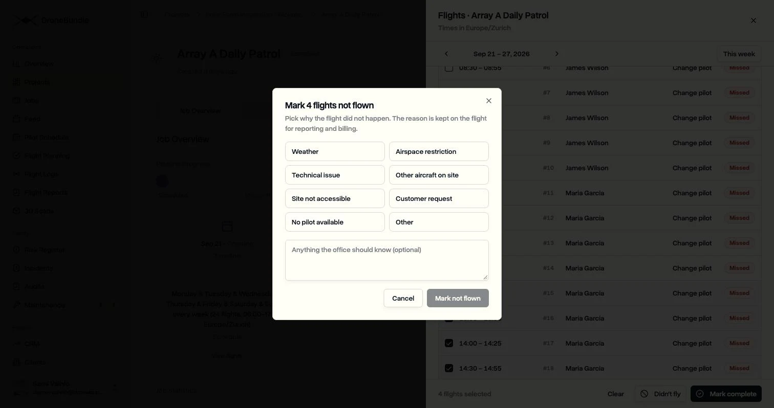 Marking four flights not flown, with the eight reasons to choose from and a note for the office