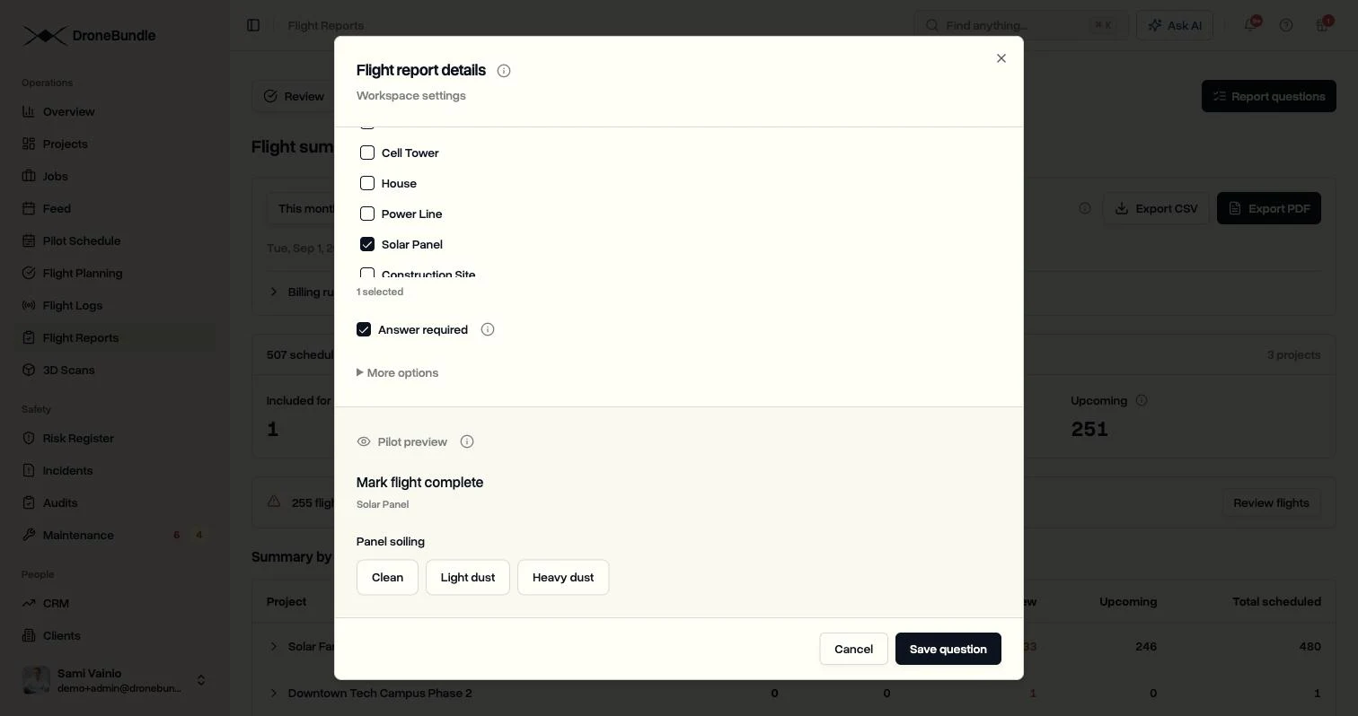 Editing a list question, with the pilot preview underneath showing Clean, Light dust, and Heavy dust as the choices