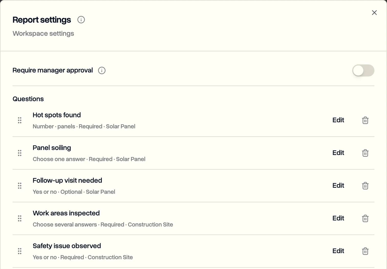 Report settings with Require manager approval switched off, above the workspace's report questions