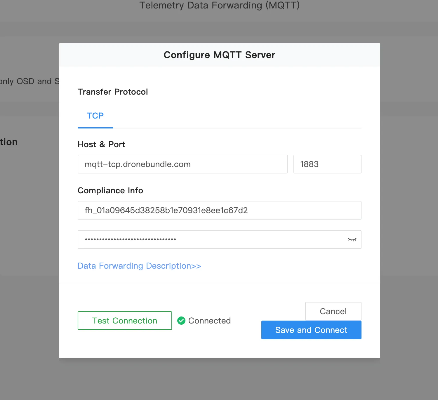 The Configure MQTT Server dialog in DJI FlightHub 2 with the DroneBundle host, port, and username entered and Test Connection showing Connected