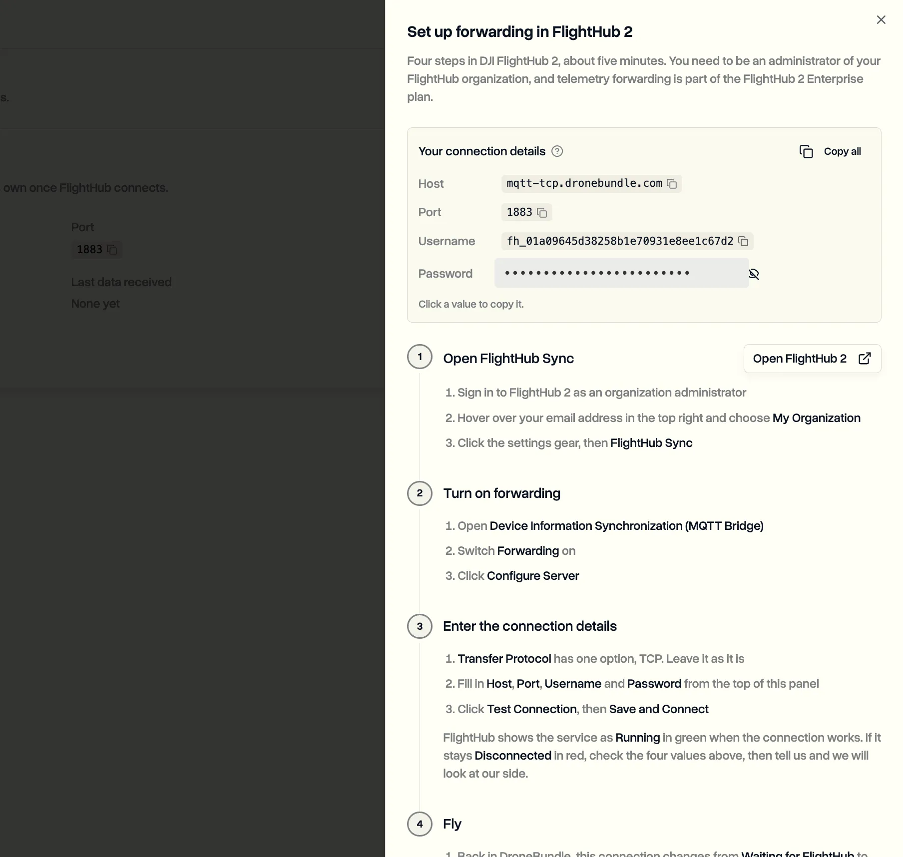The setup instructions panel in DroneBundle listing the four steps to turn on forwarding in DJI FlightHub 2