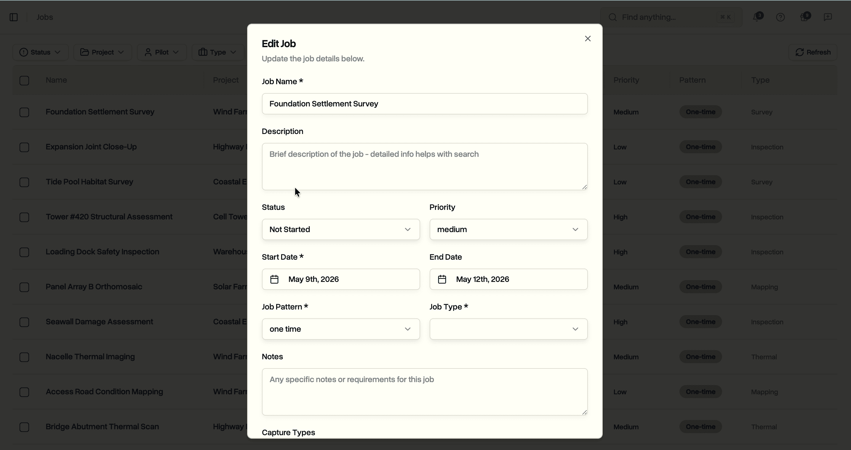 Edit Job dialog opened from the Jobs page showing name, description, status, priority, dates, pattern, type, notes, and capture types