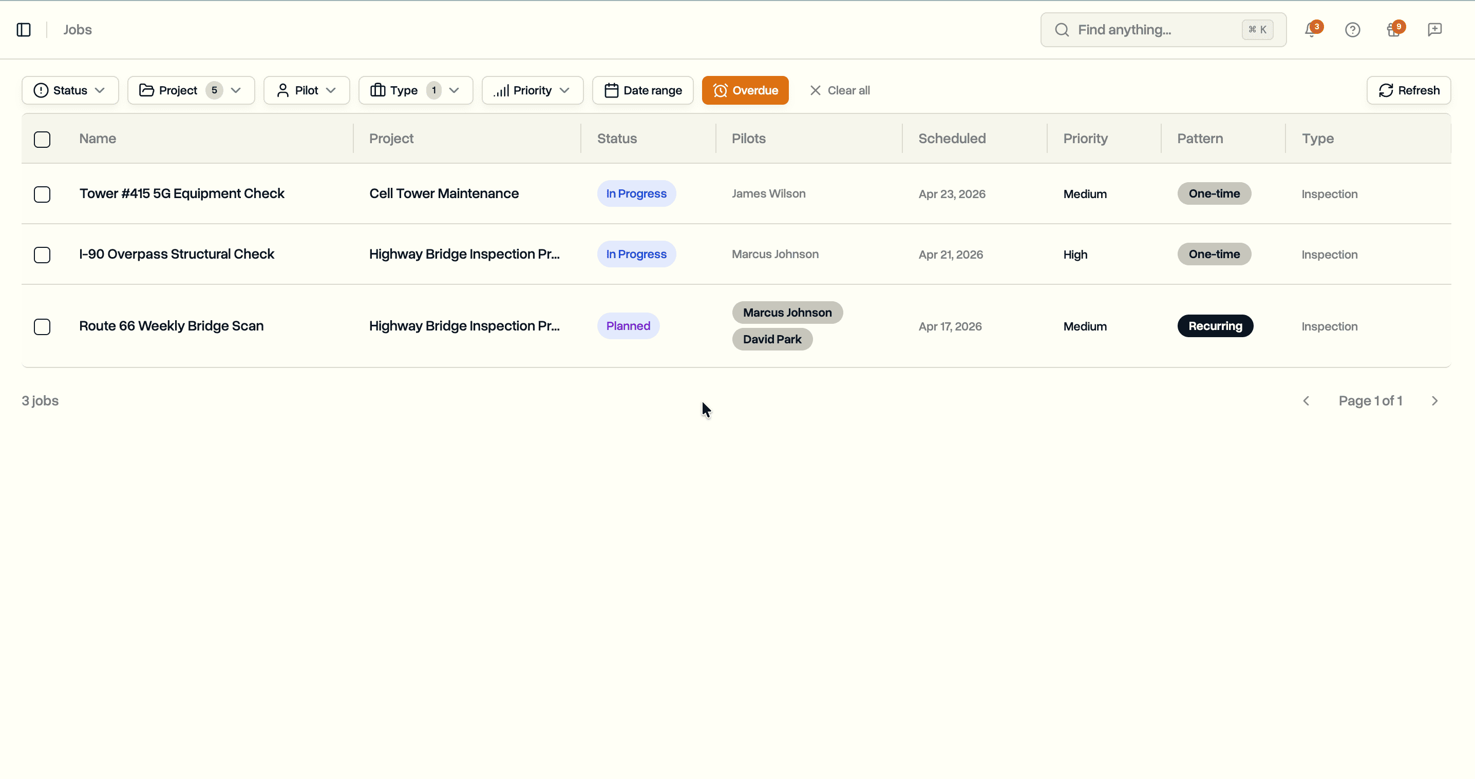 Filter bar with multi-select project, pilot, and status filters plus date range and overdue toggle