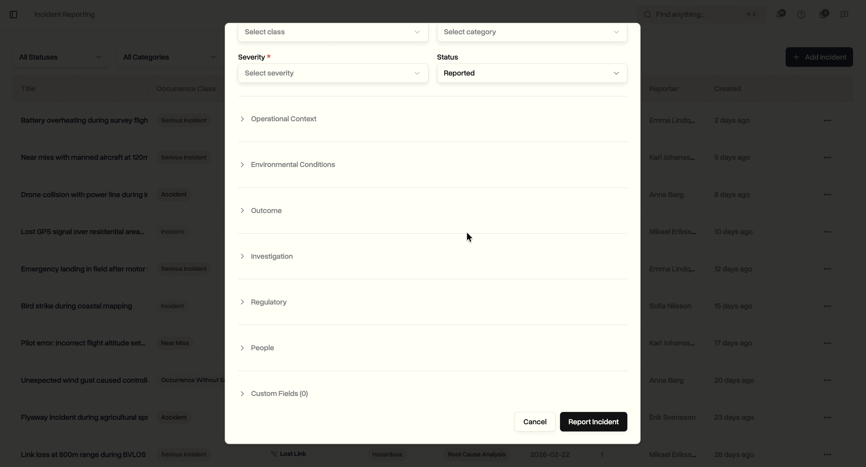 Report incident dialog showing collapsible sections for additional data