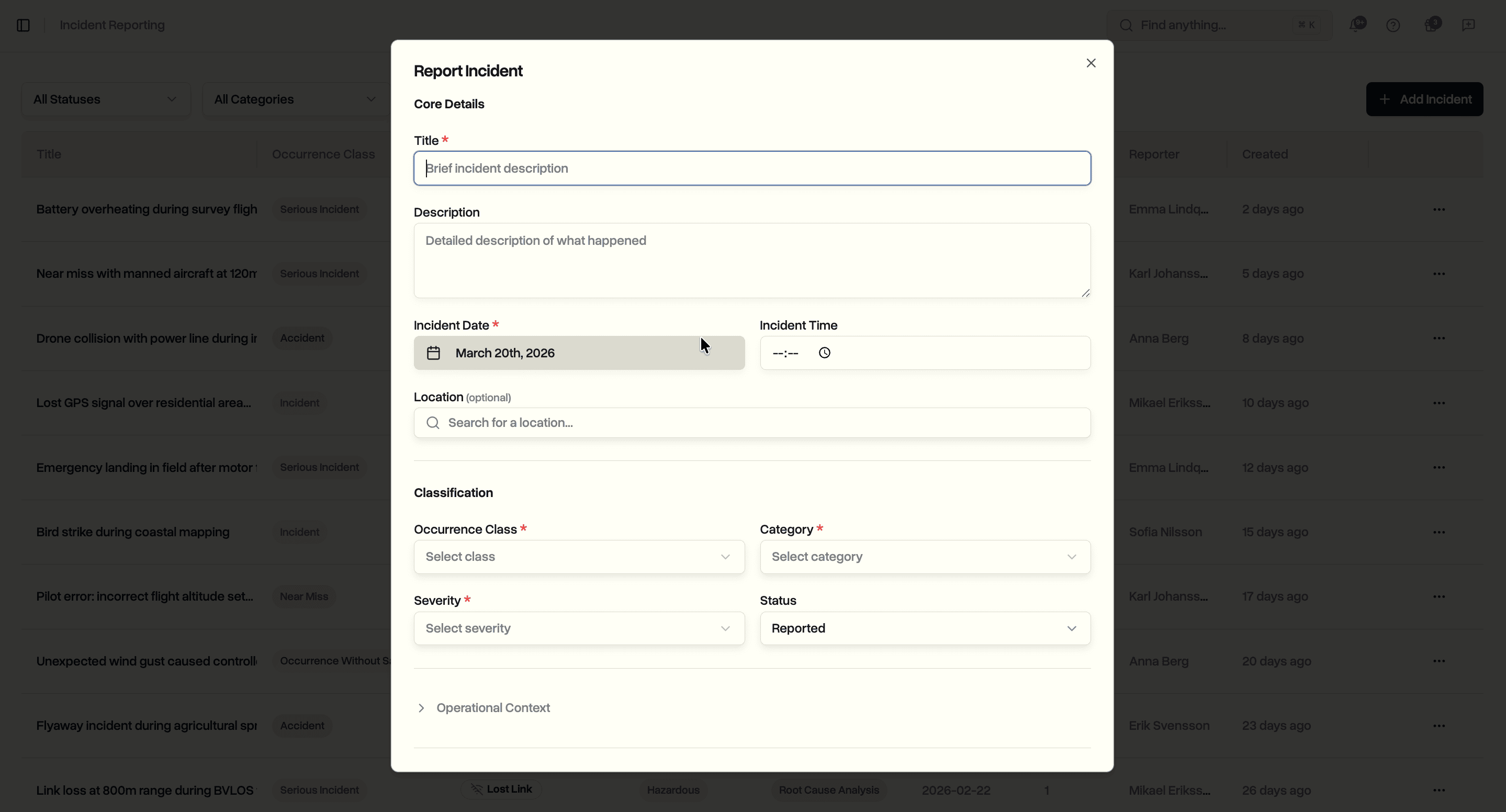 Report incident dialog with title, description, date, and classification fields