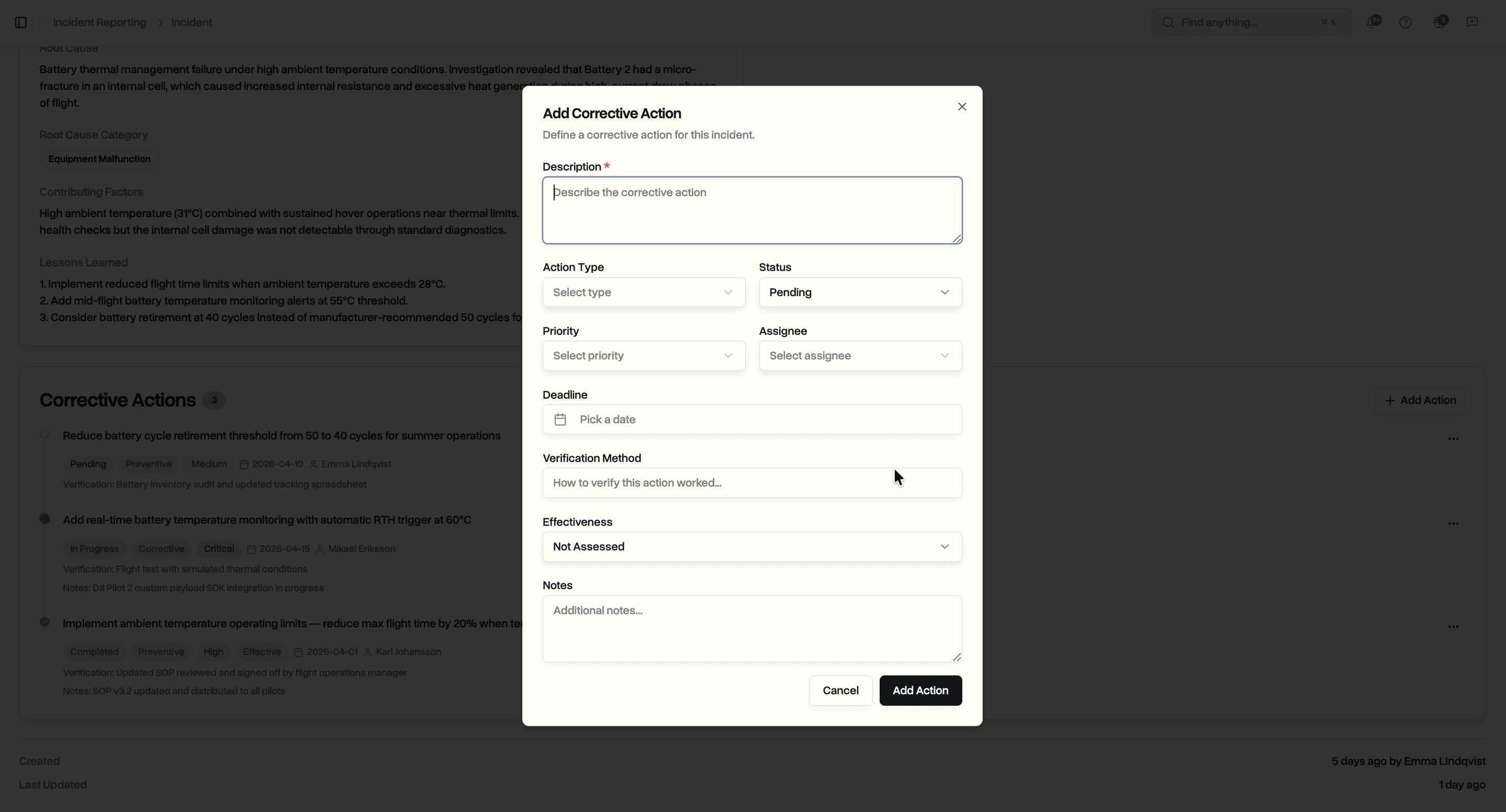 Add corrective action dialog with type, priority, assignee, deadline, and verification fields