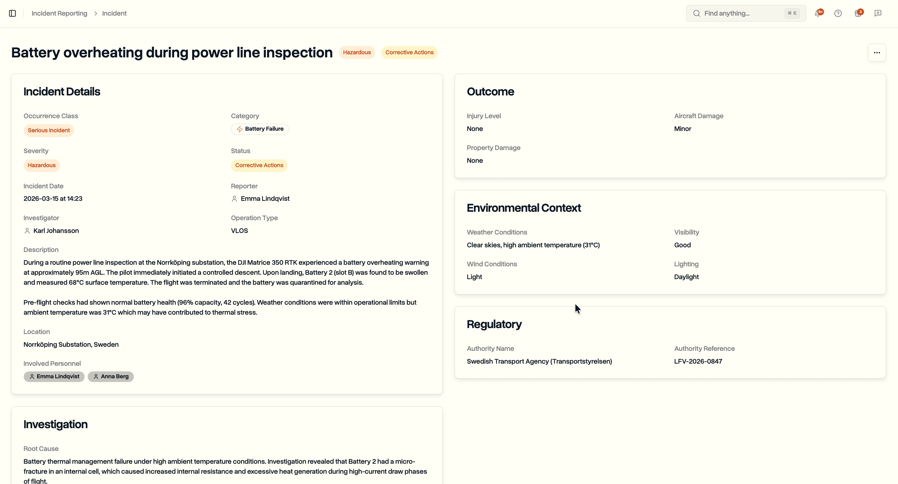 Incident detail page showing incident details, outcome, environmental context, and regulatory information