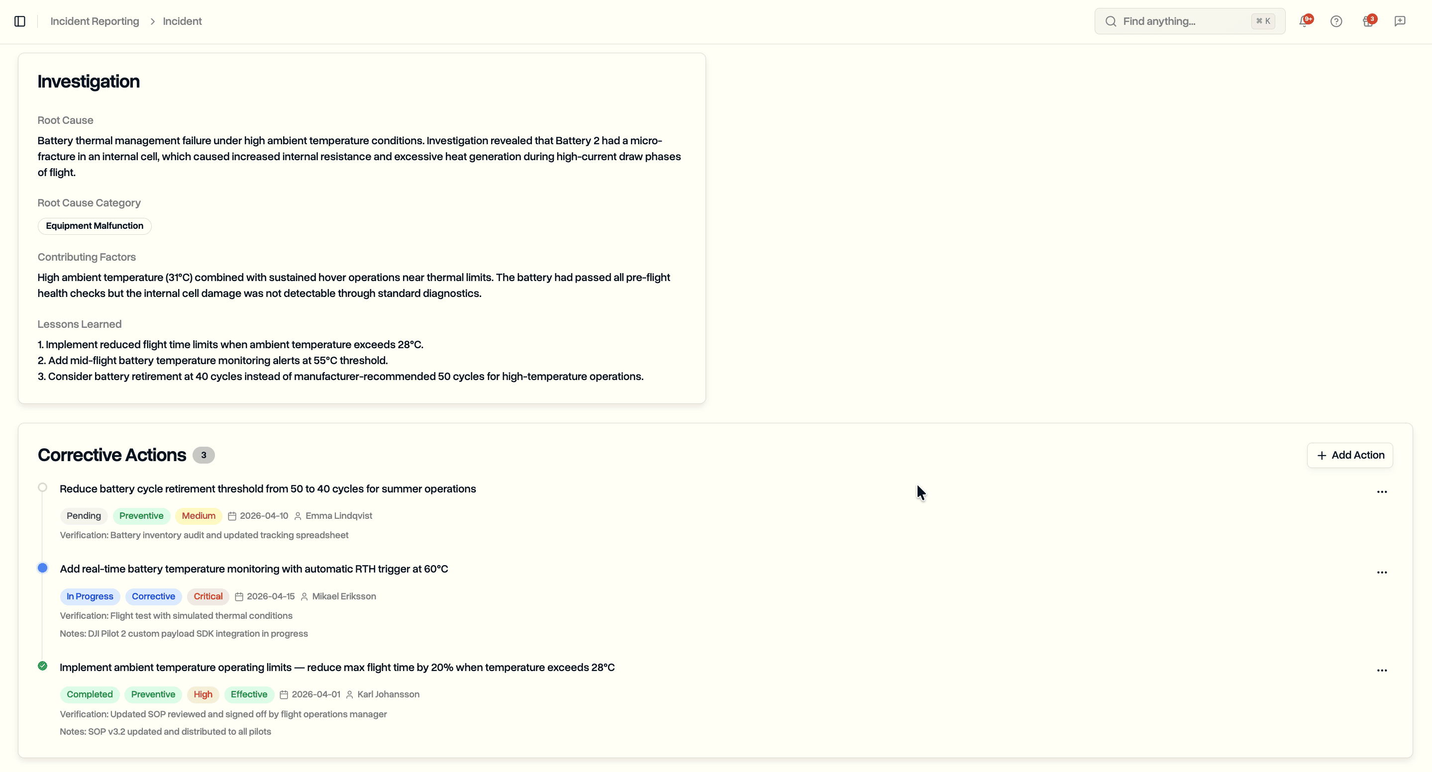 Incident detail page showing investigation findings and corrective actions timeline