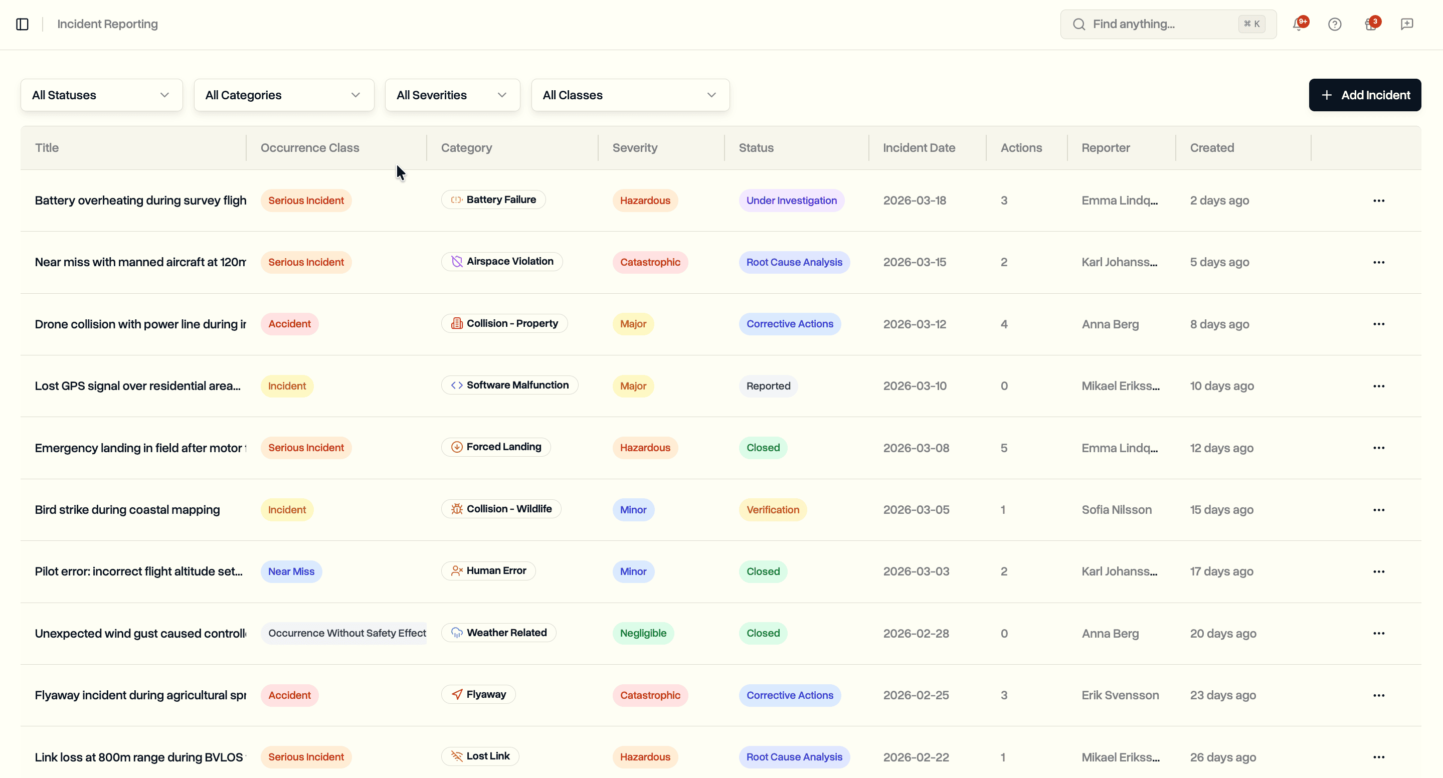 Incident reporting table with filters and incident entries