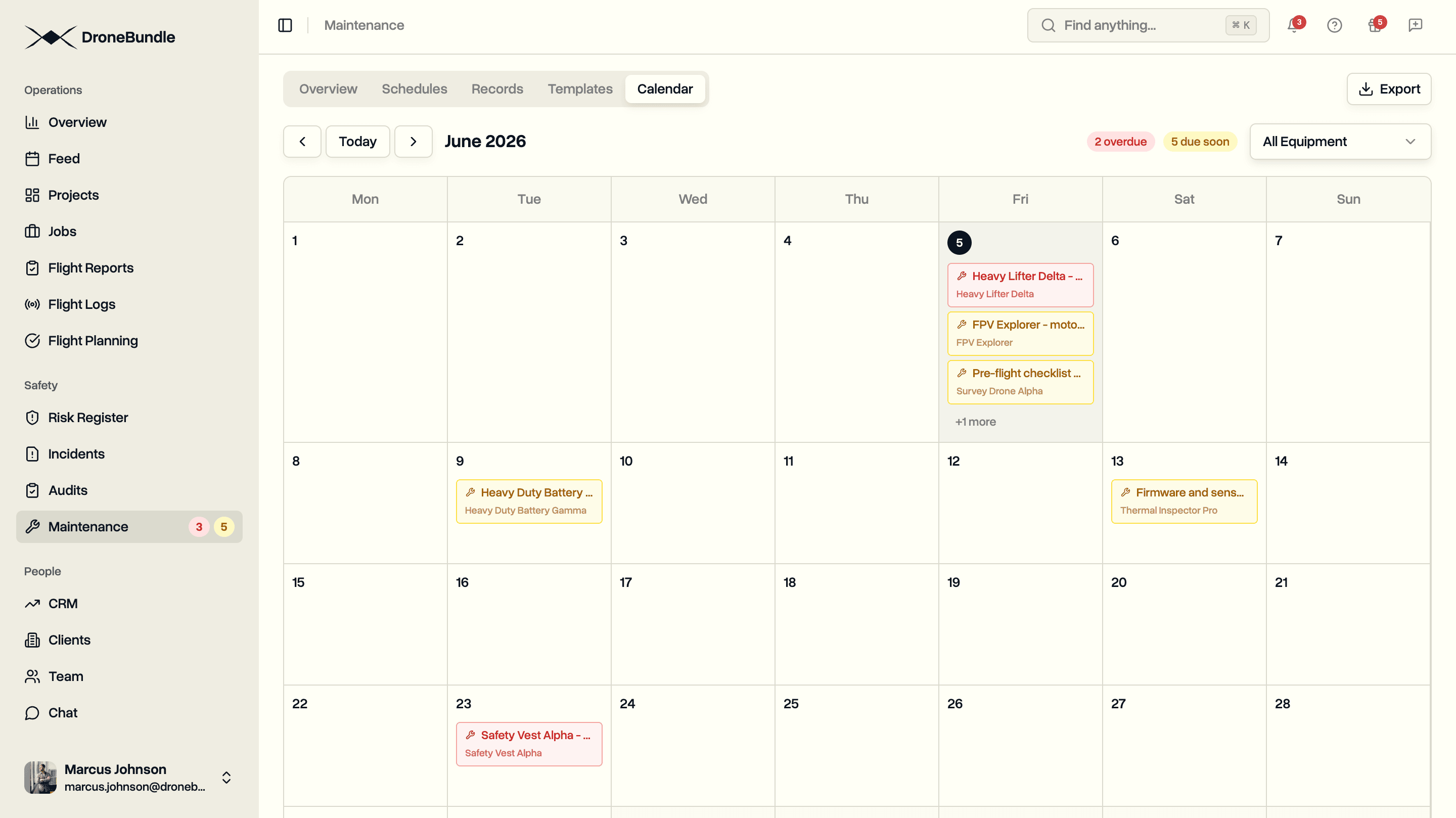 Maintenance calendar showing scheduled service due dates colour-coded by status