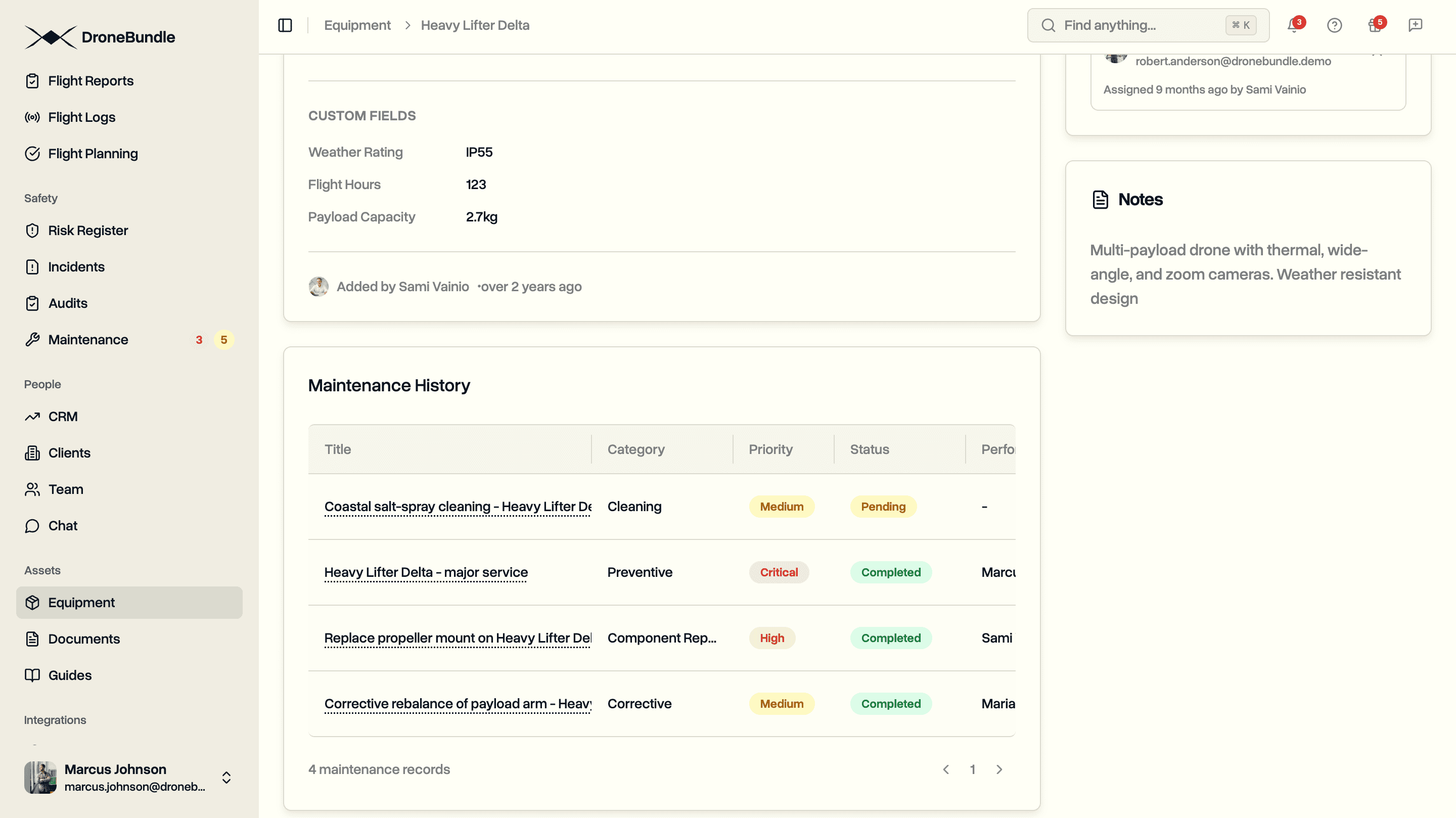 A drone's equipment page showing its maintenance history alongside its flight hours and details