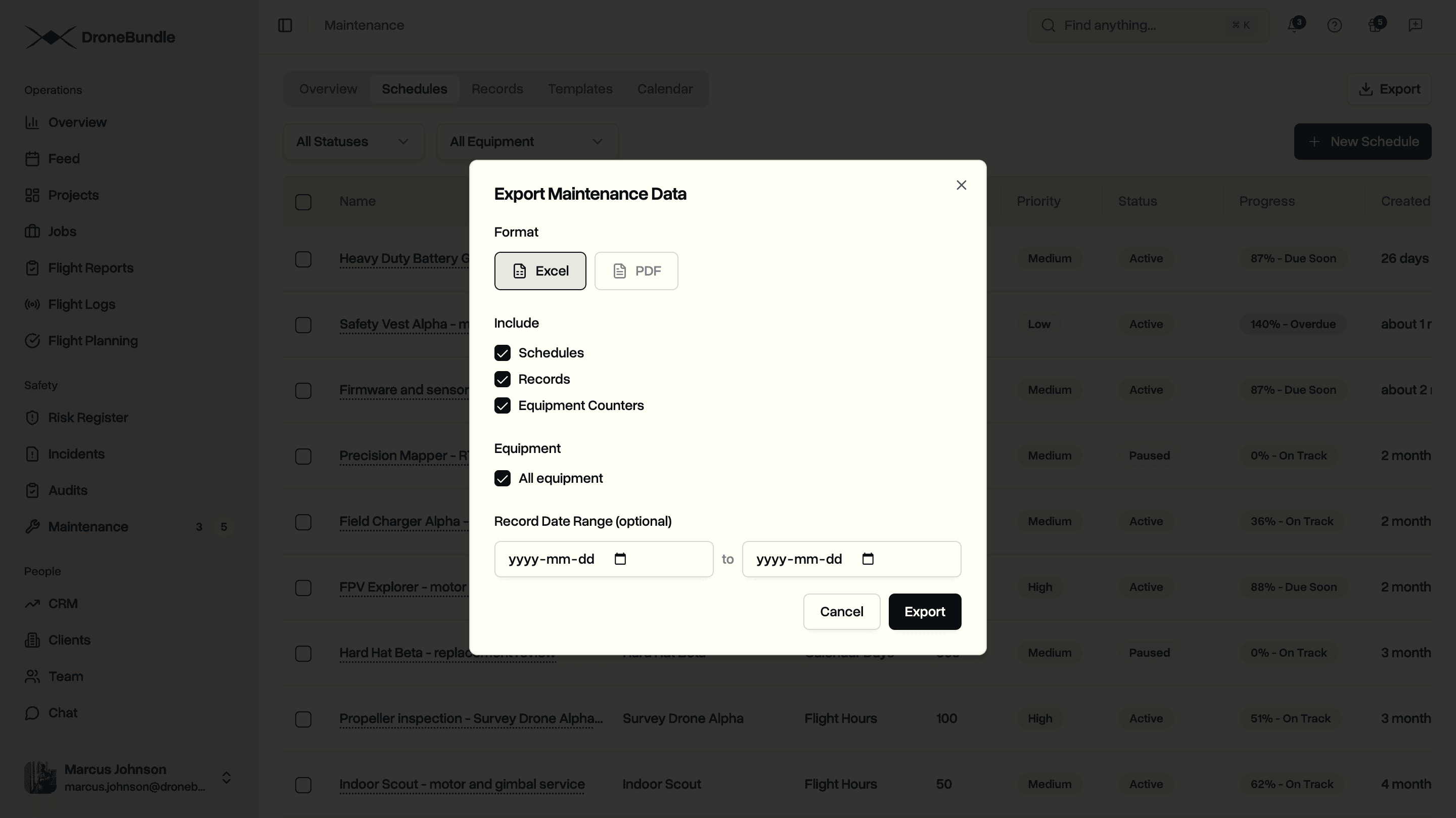 Exporting maintenance data to a spreadsheet or PDF, choosing whether to include schedules, logged work, and per-drone hours and cycles